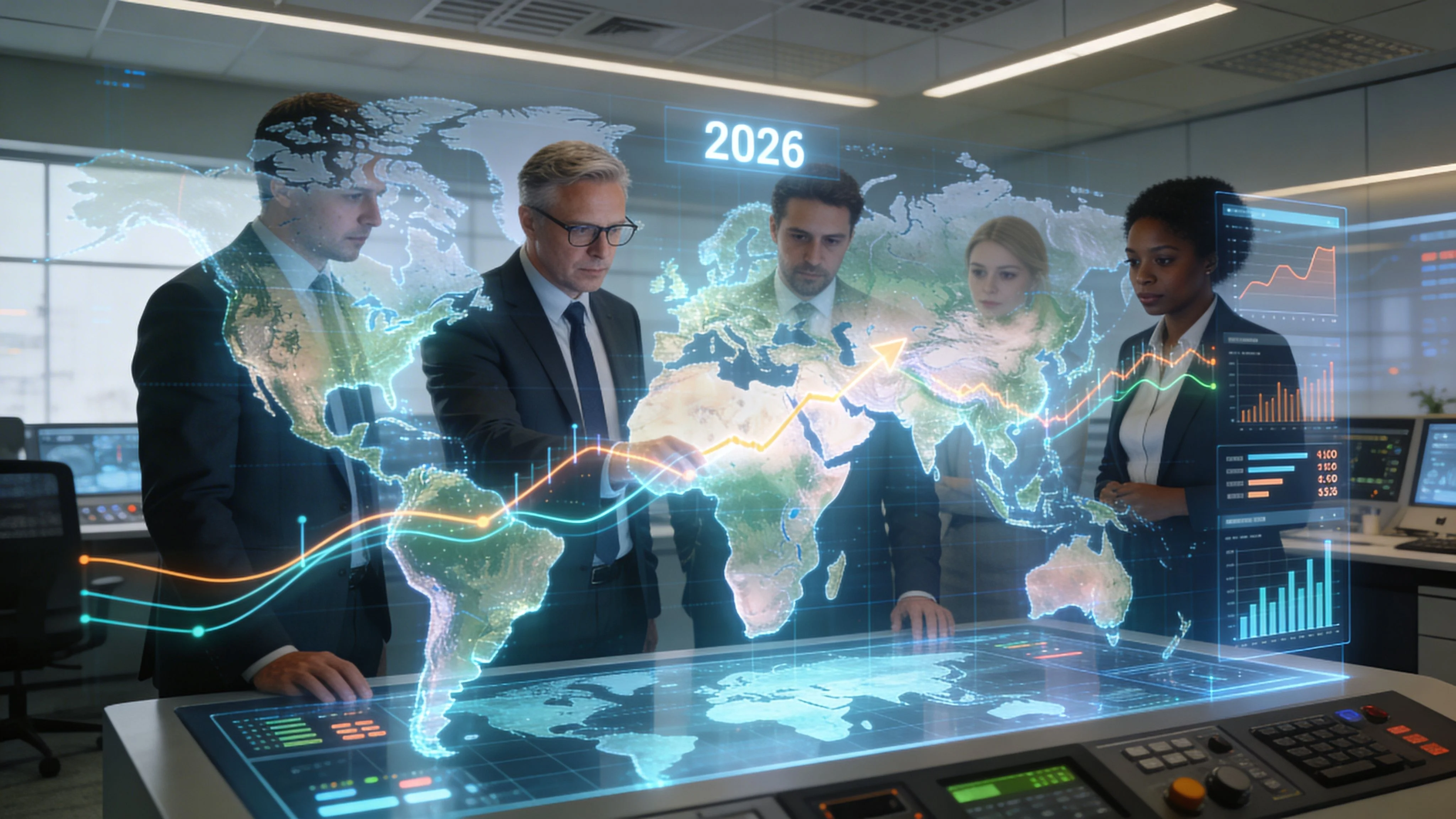 A team of business professionals analyze a holographic world map showing market growth trends in 2026.