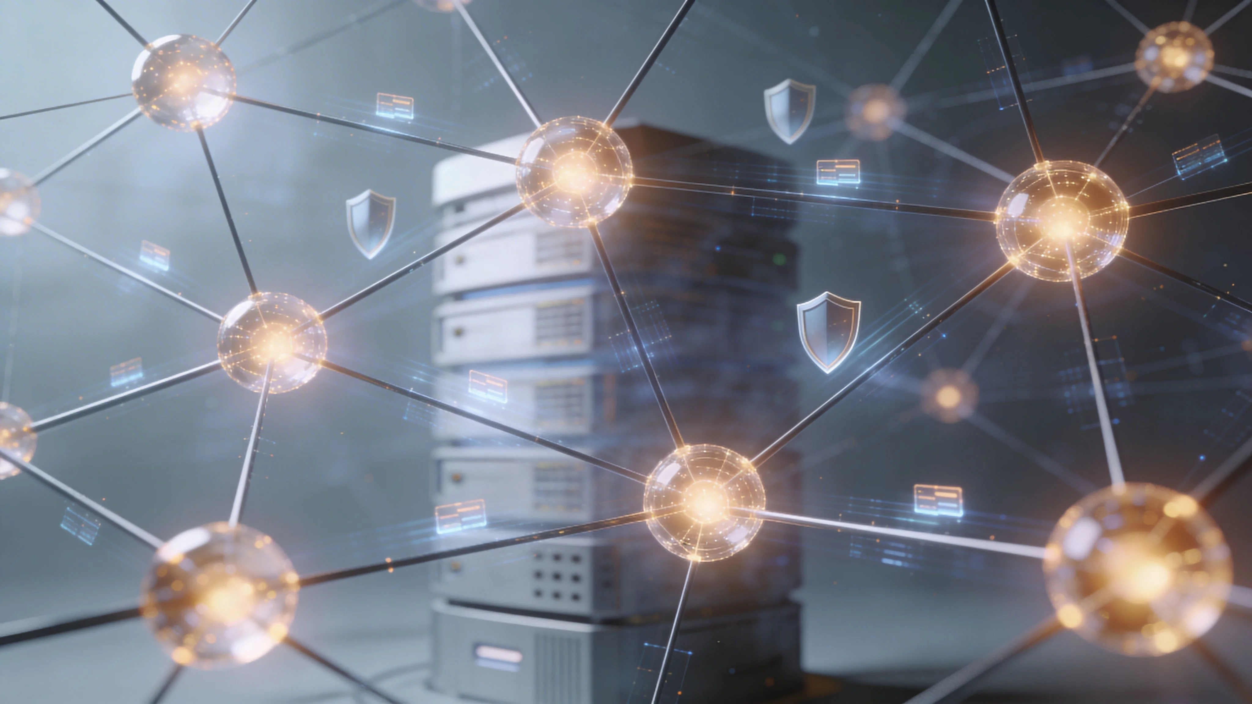 A digital representation of interconnected network nodes hovering in front of a server rack symbolizing secure data connectivity.