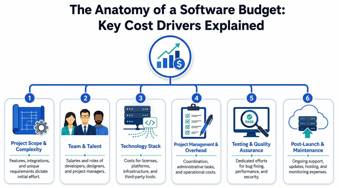An infographic detailing the six key components of a software development budget, including scope, team, and technology.