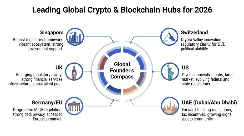 An infographic titled Leading Global Crypto & Blockchain Hubs for 2026, highlighting top global locations for founders.