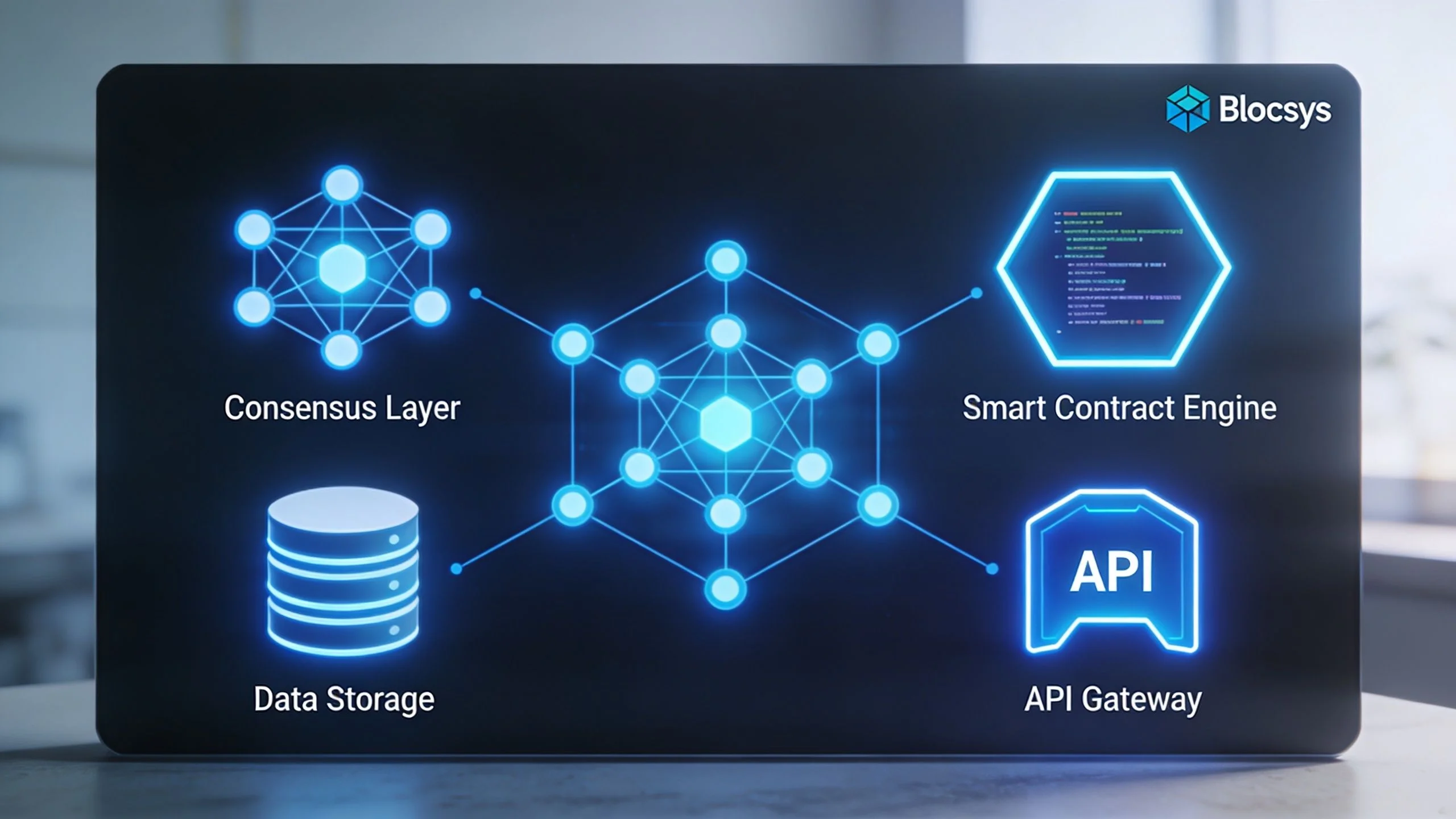 A diagram illustrating Blockchain technology components including consensus, storage, smart contracts, and an API gateway.
