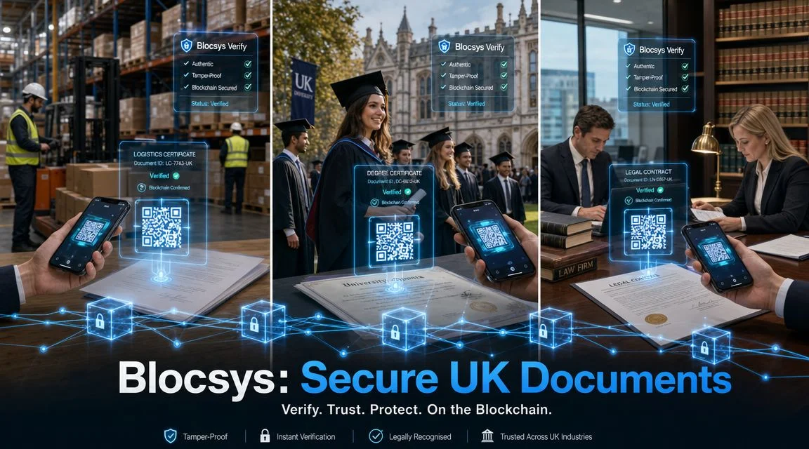 A digital display demonstrating Blocsys blockchain document verification for logistics, education, and legal sectors using QR codes.