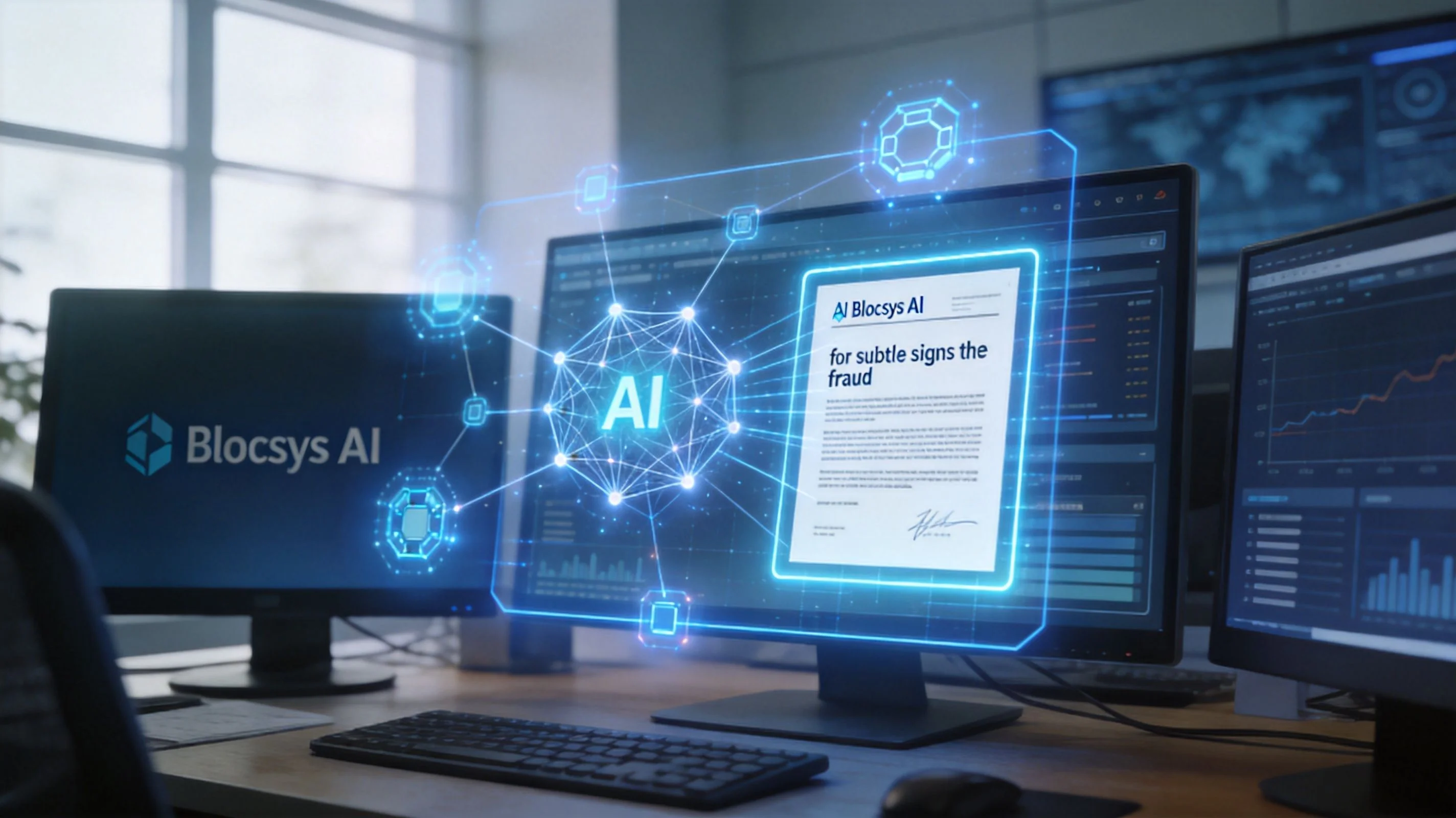 A computer workstation displaying a digital interface showing Blocsys AI document analysis and fraud detection technology.