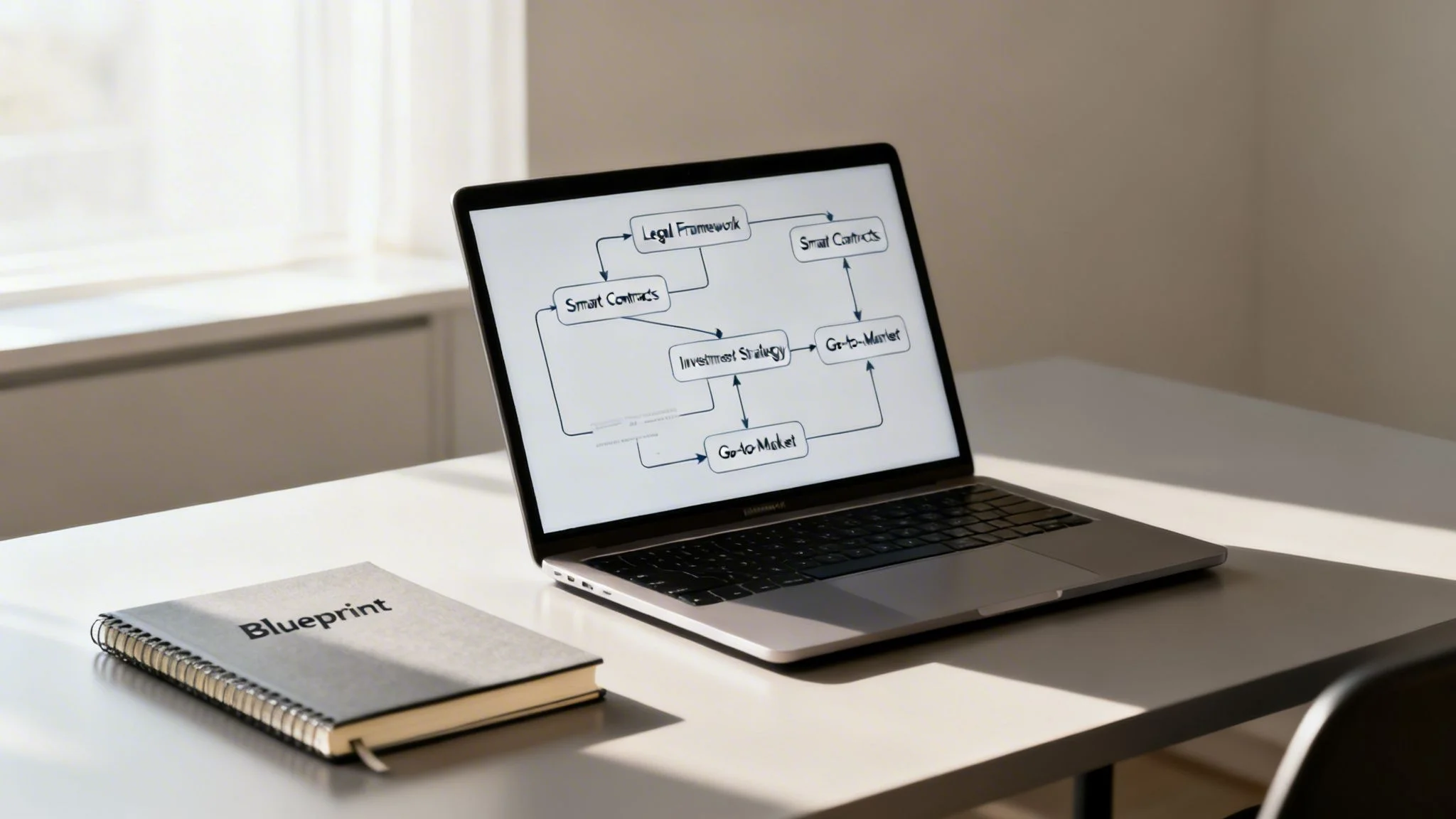 A laptop on a desk displays a diagram showing a legal framework and smart contracts investment strategy.