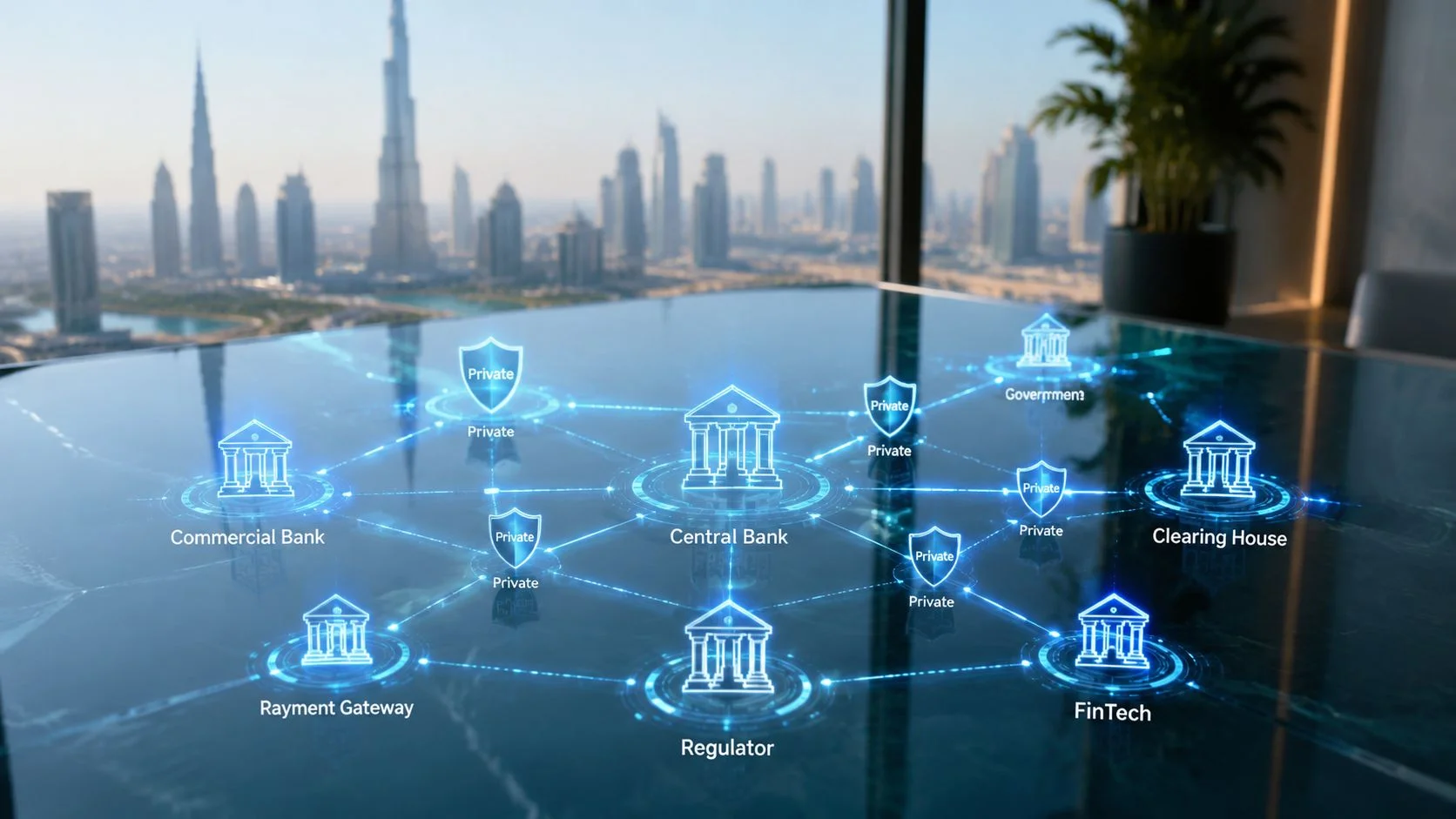 A digital representation of financial institutions connected in a network, overlayed on a modern office desk.