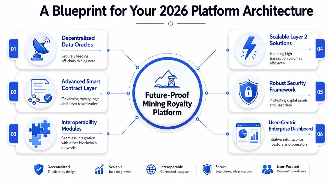 A diagram illustrating the platform architecture for a future-proof mining royalty system with six modular components.