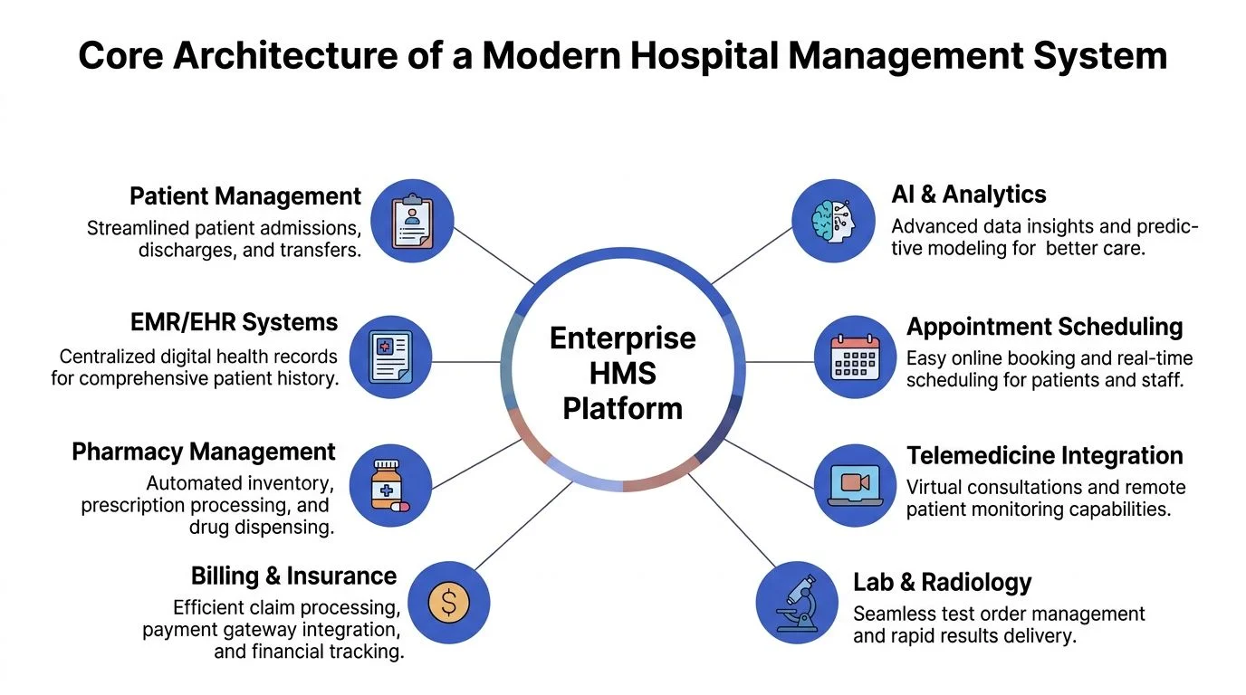 A diagram illustrating the core architecture components of an enterprise hospital management system platform.