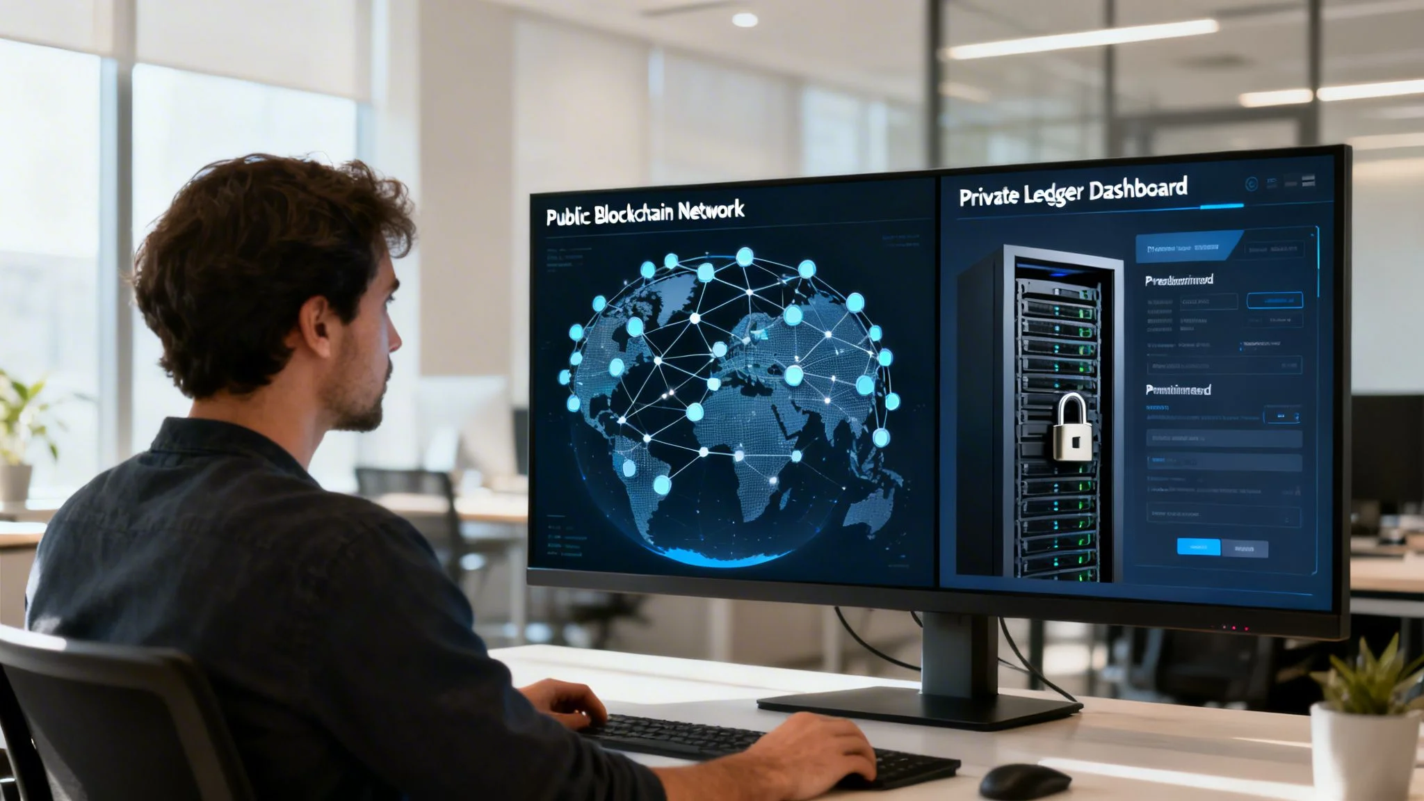 Man working on a computer displaying public blockchain network and private ledger dashboard.