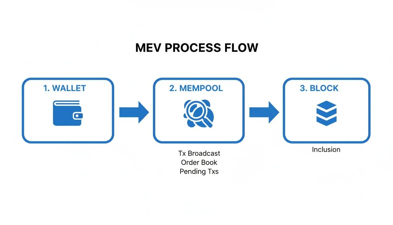 MEV process flow diagram showing a transaction from wallet to mempool and block inclusion.