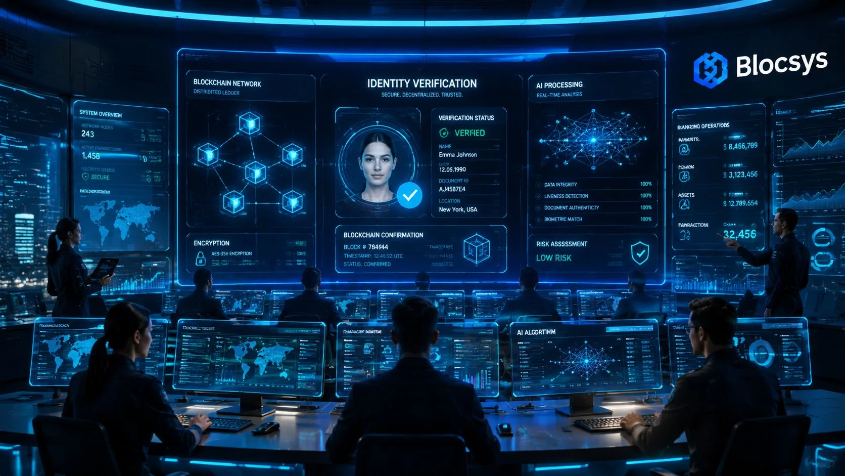 A futuristic security operations center monitoring blockchain identity verification and real-time AI data analysis for banking security.