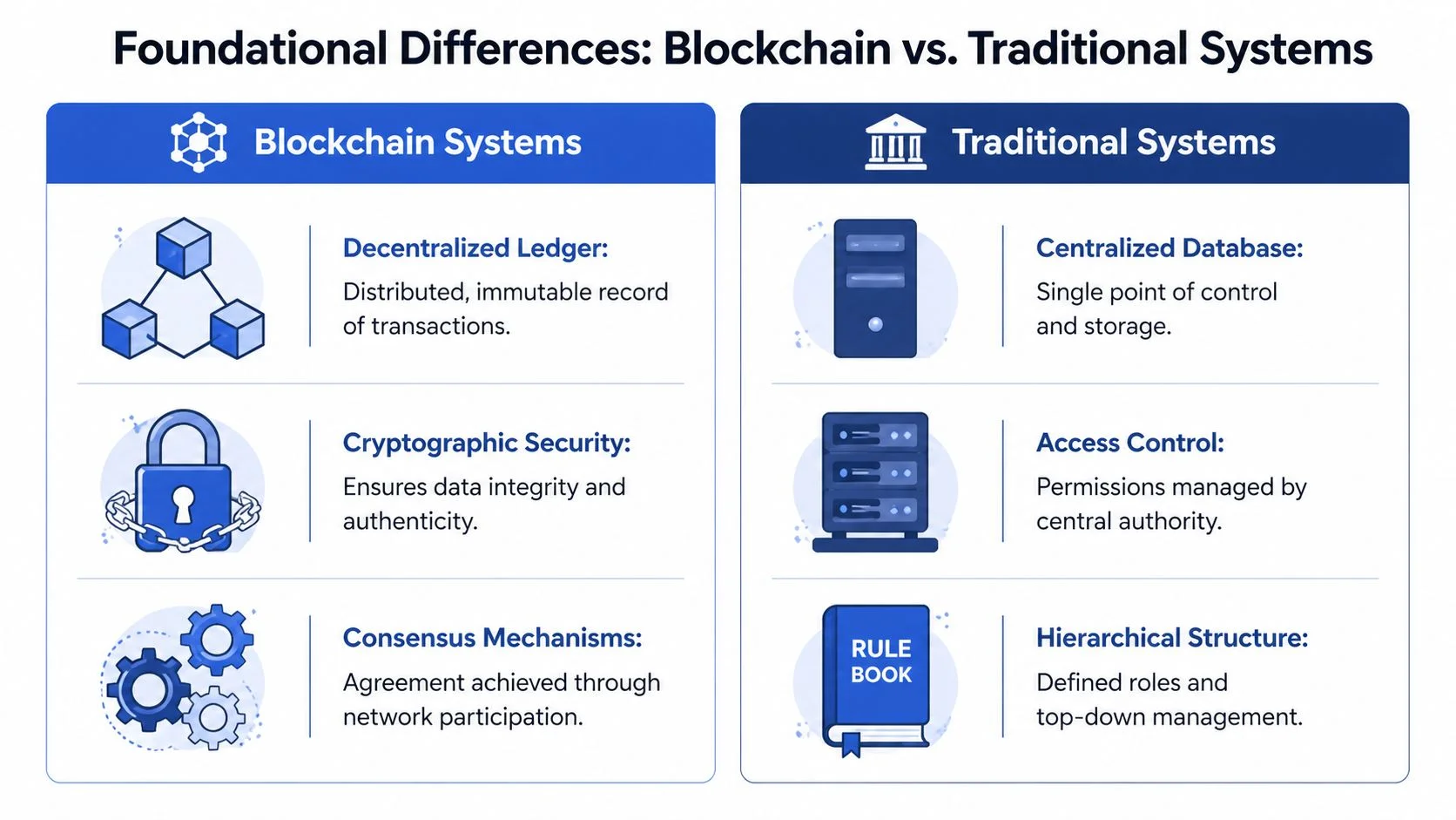 A comparison chart showing the differences between blockchain technology and traditional centralized computing systems.