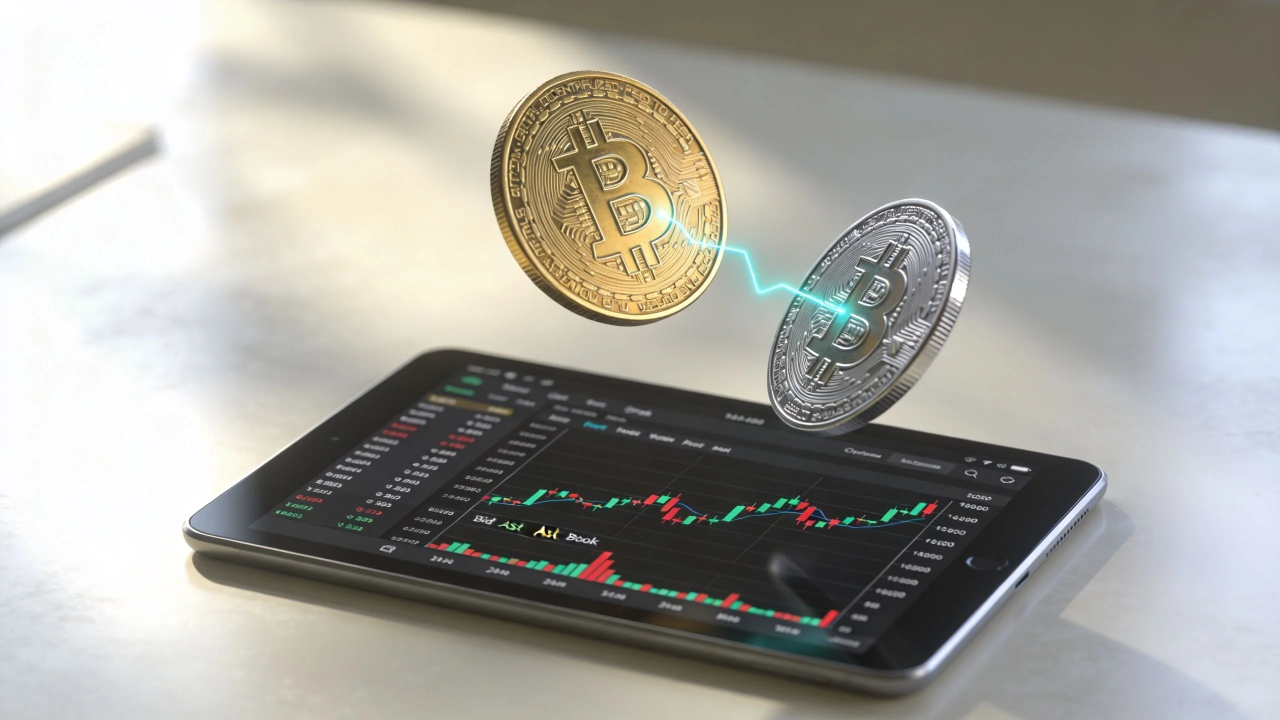 A digital tablet displaying stock market graphs with two floating Bitcoin coins and a connecting light.