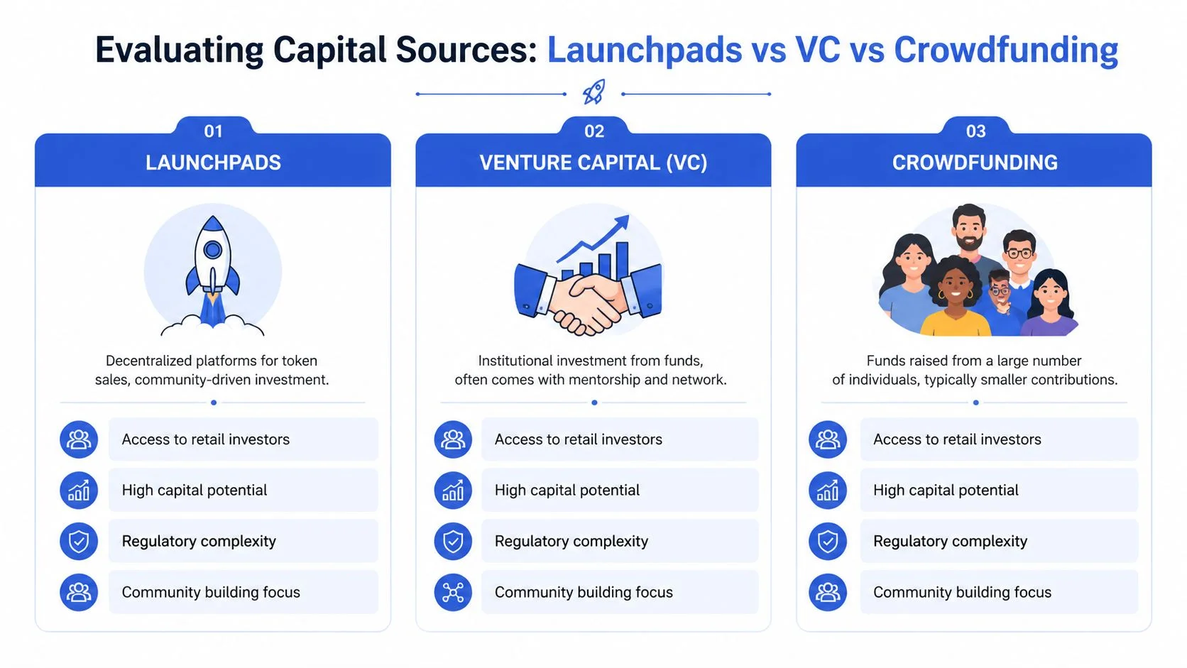A comparison infographic showing Launchpads, Venture Capital, and Crowdfunding as diverse capital-raising methods for new businesses.