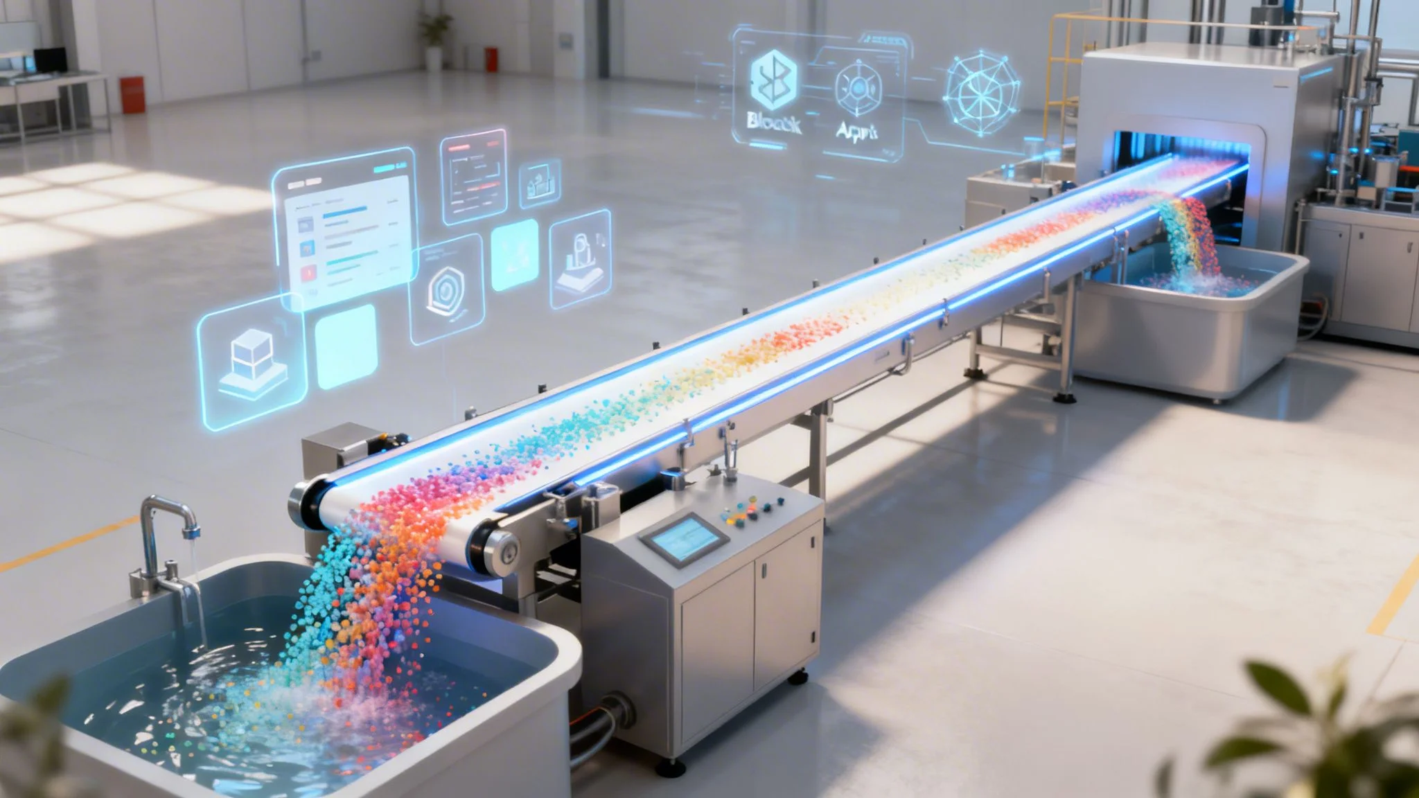 A smart factory conveyor belt sorts colorful granular material with holographic data interfaces.