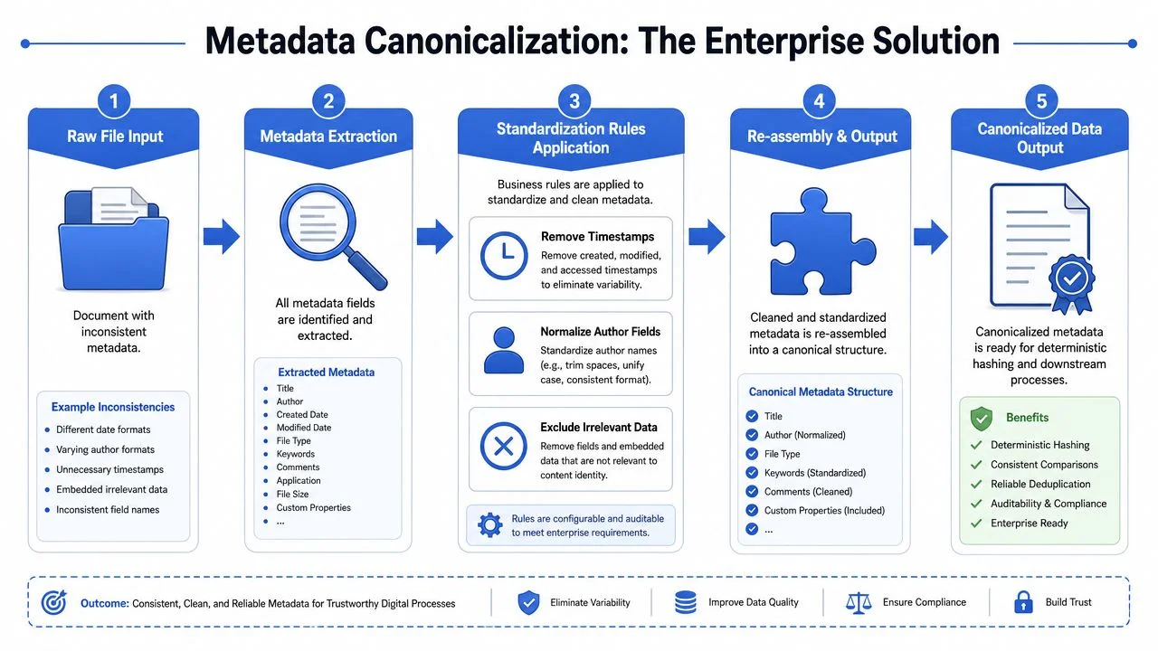 A flowchart showing the five steps of an enterprise metadata canonicalization process from input to output.