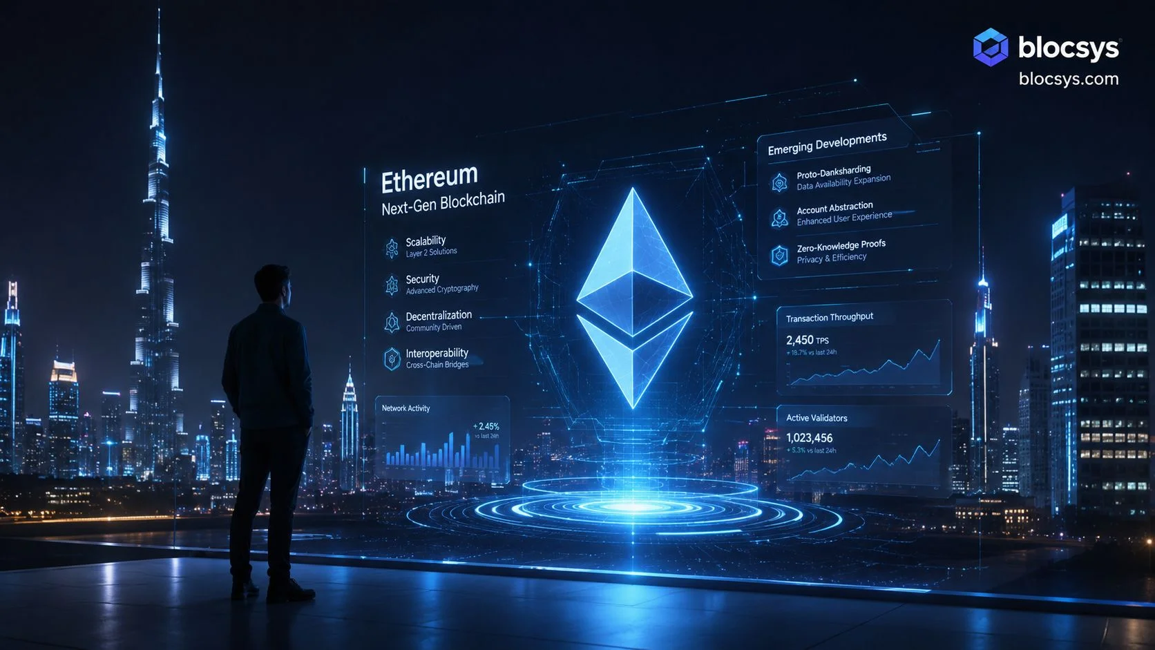 A person observing a digital holographic interface showcasing Ethereum blockchain statistics and emerging technological development trends.