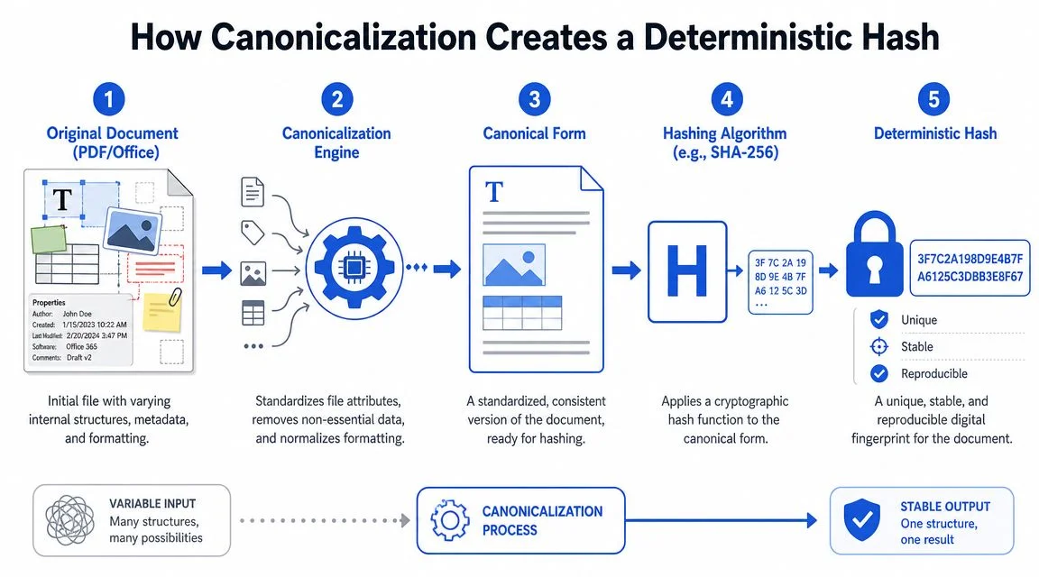 A diagram illustrating the process of converting complex documents into a standardized deterministic cryptographic hash.
