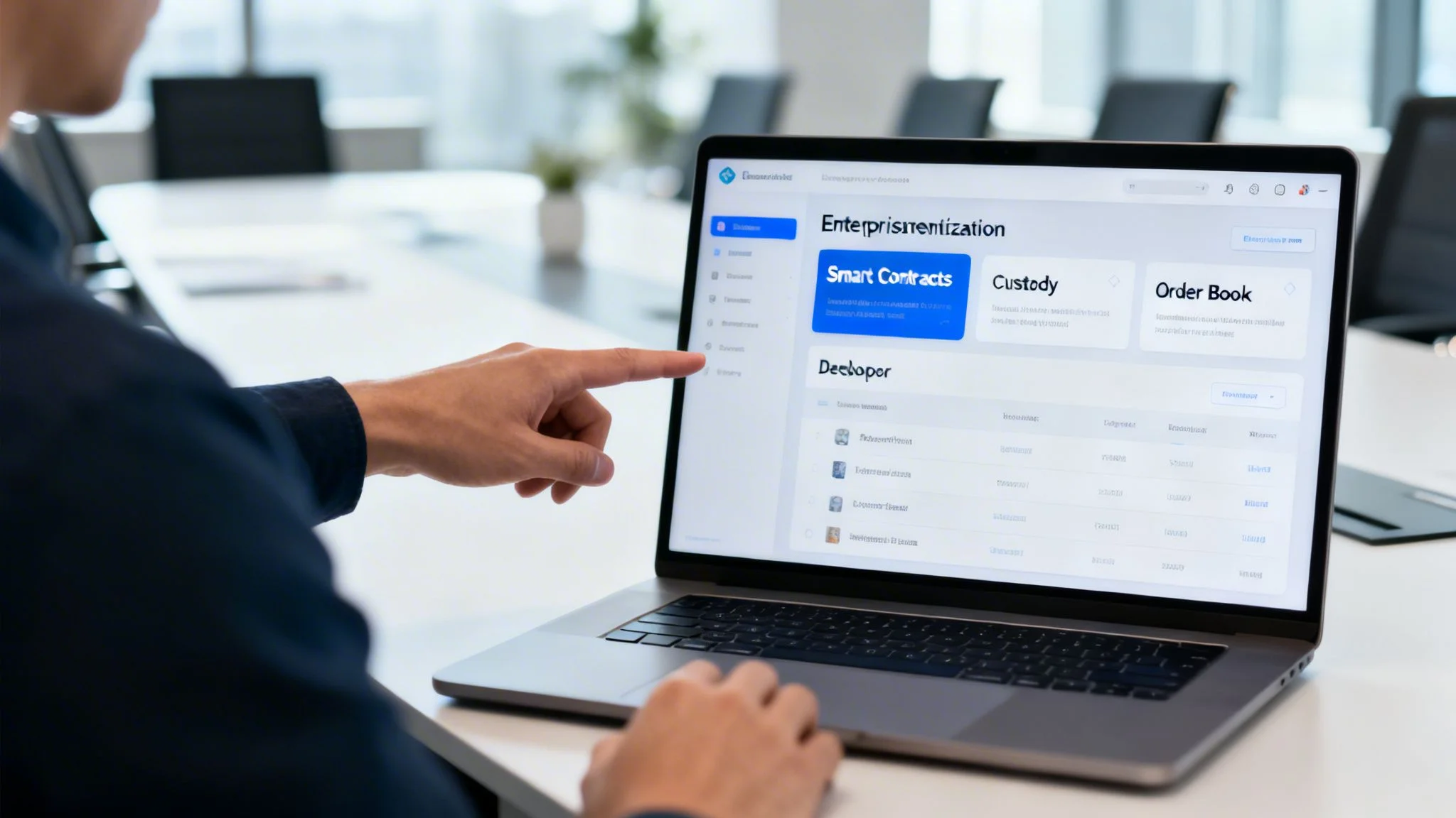 Close-up of a person pointing at a laptop screen displaying a smart contracts platform.