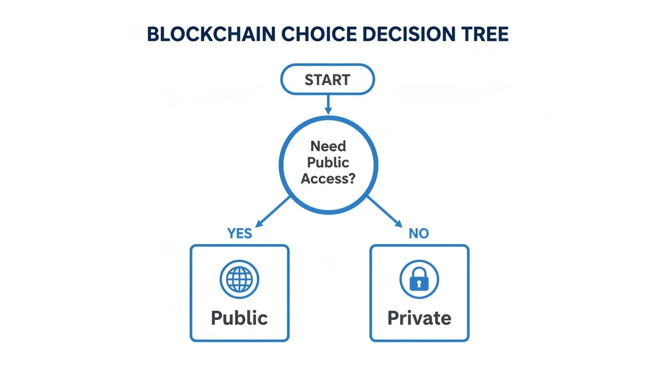 A blockchain choice decision tree flowchart, asking if public access is needed, leading to public or private options.
