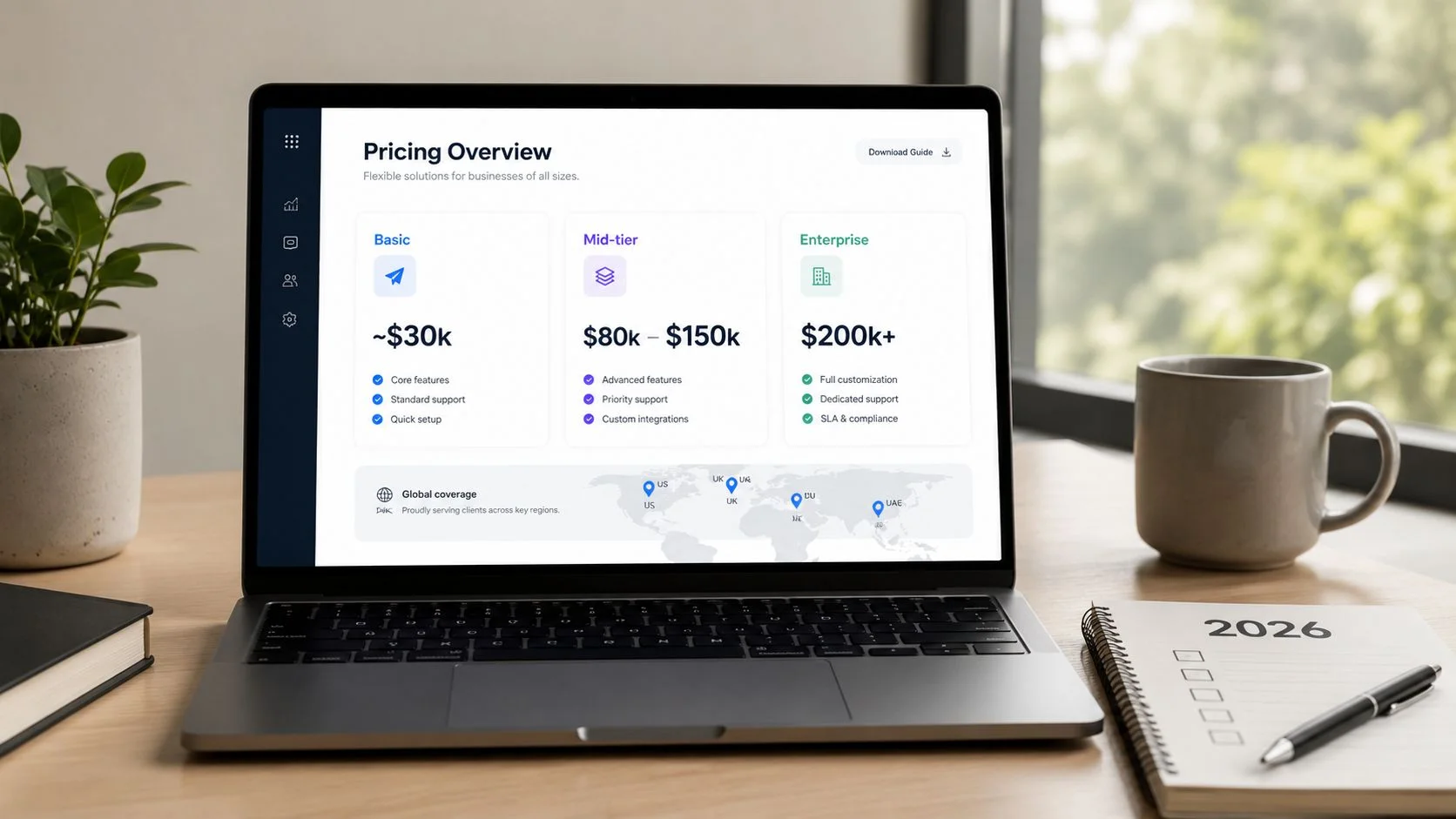 Laptop screen displaying a pricing overview page for business software services with three distinct tier options.