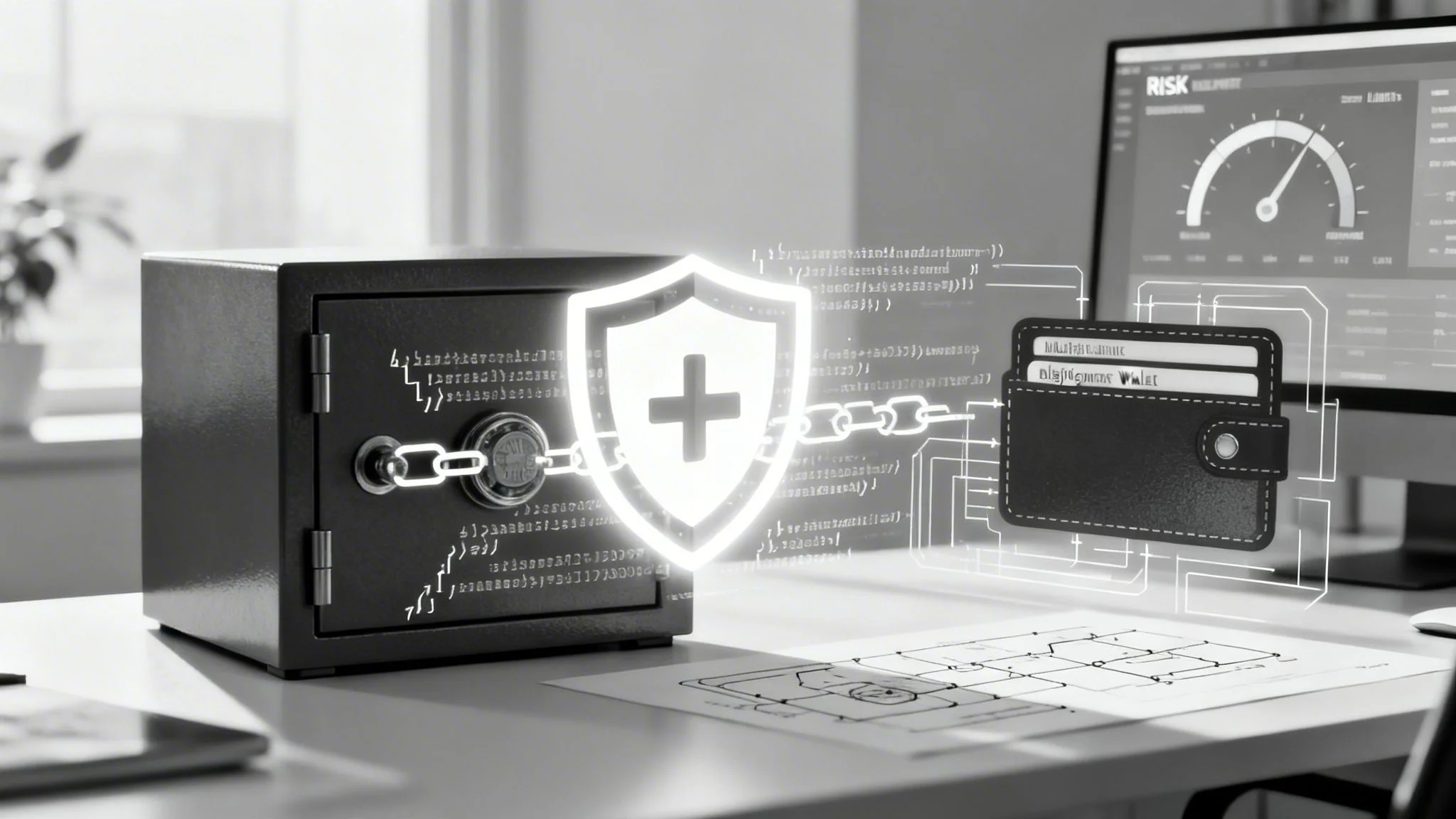 A safe, shield, and digital wallet linked by chains, symbolizing robust cryptocurrency security and smart contract protection.