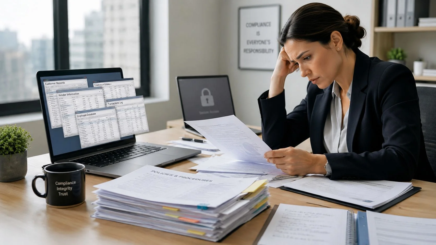 A professional woman looking stressed while reviewing extensive compliance documents and digital records in an office.