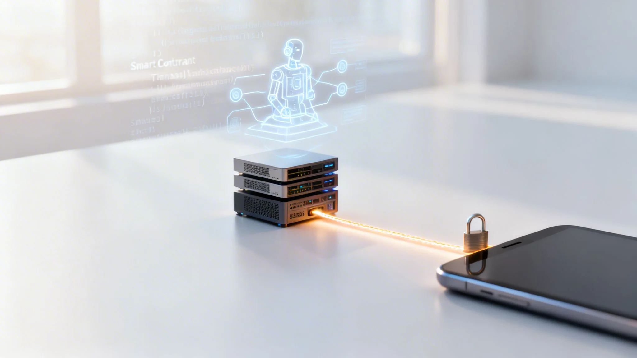 Holographic robot and smart contract code above servers, securely connected to a smartphone.