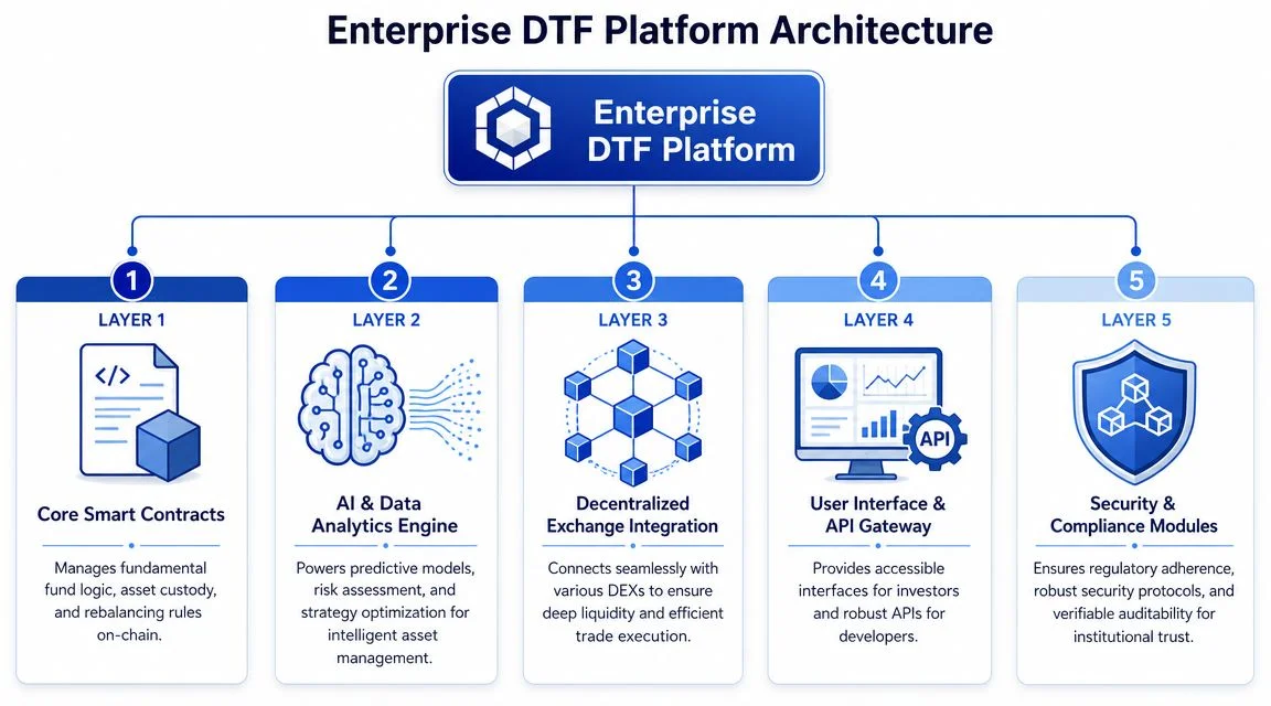 A five-layer architecture diagram illustrating the Enterprise DTF platform for on-chain asset management using AI and blockchain.