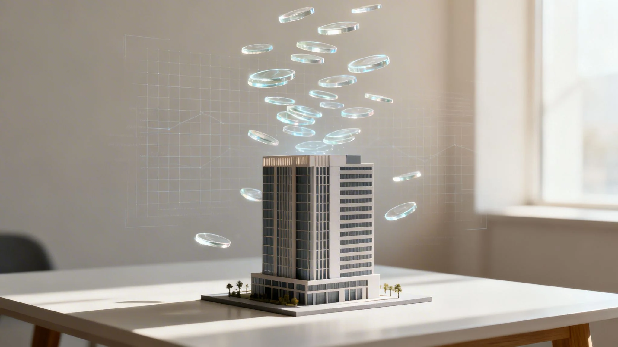 A model building with glowing digital tokens floating above, indicating real estate investment growth.