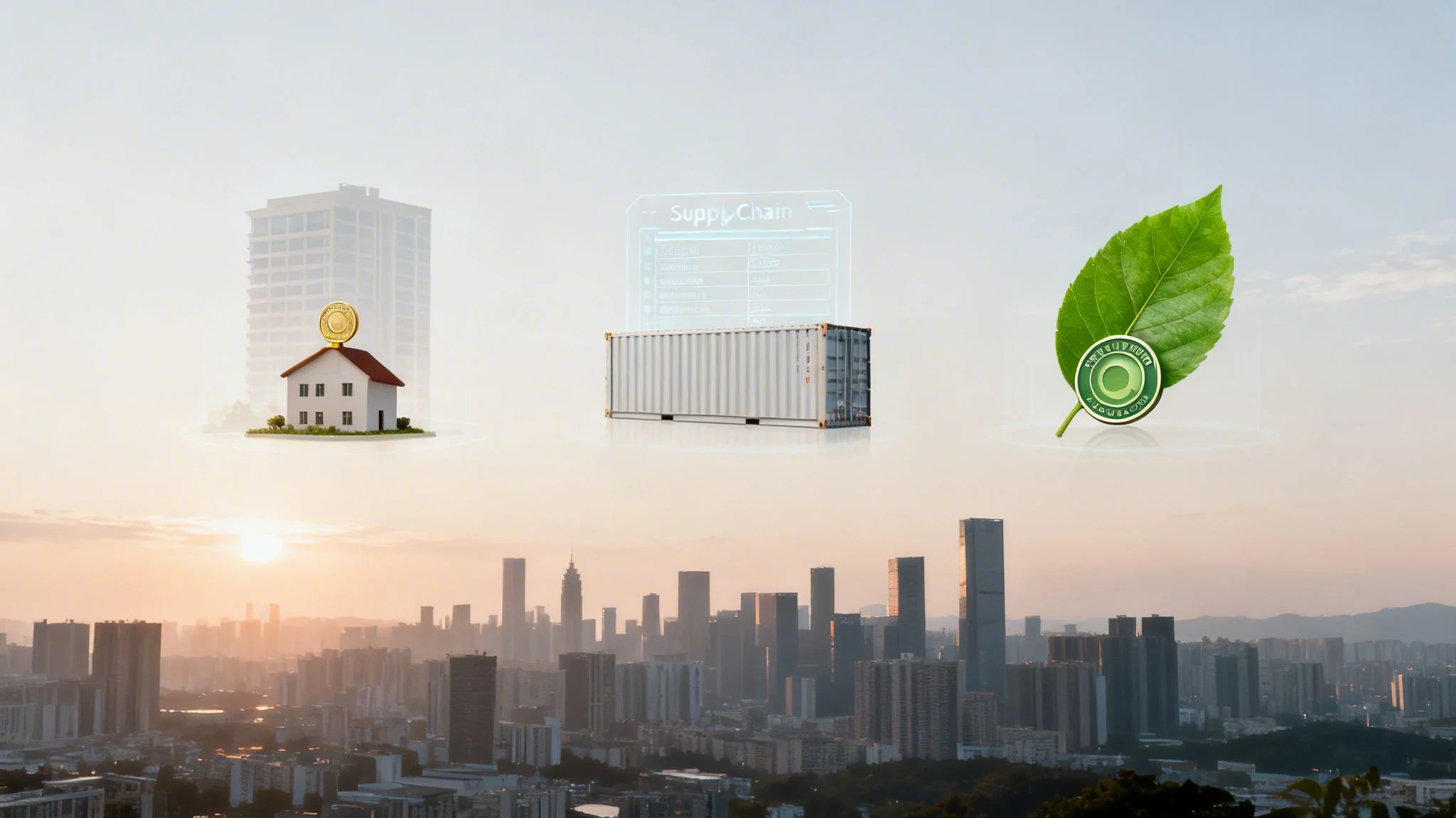 Digital concepts of real estate, supply chain, and green economy floating over a sunset cityscape.
