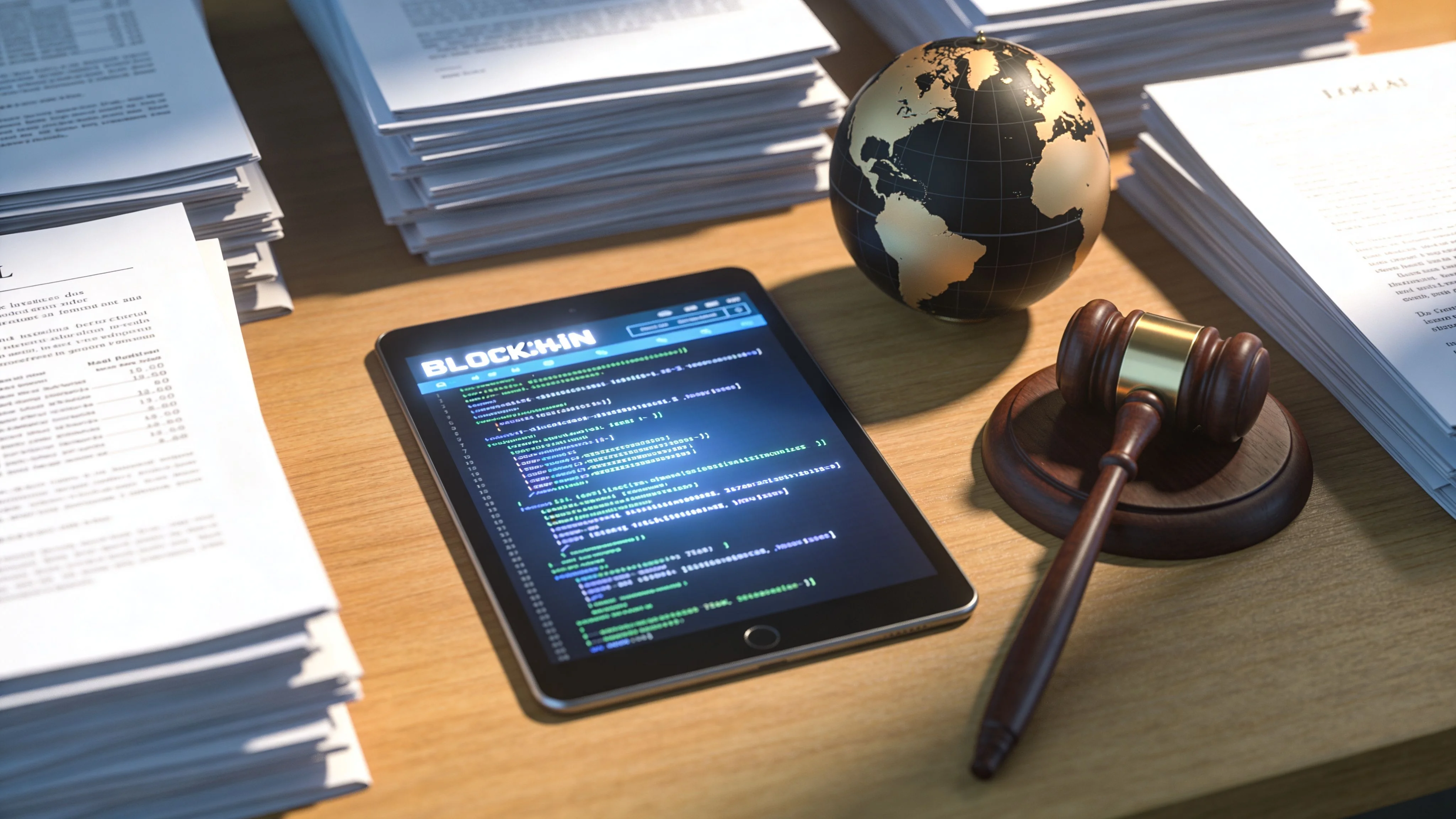 A wooden table featuring a digital tablet showing blockchain code, a globe, a gavel, and legal documents.