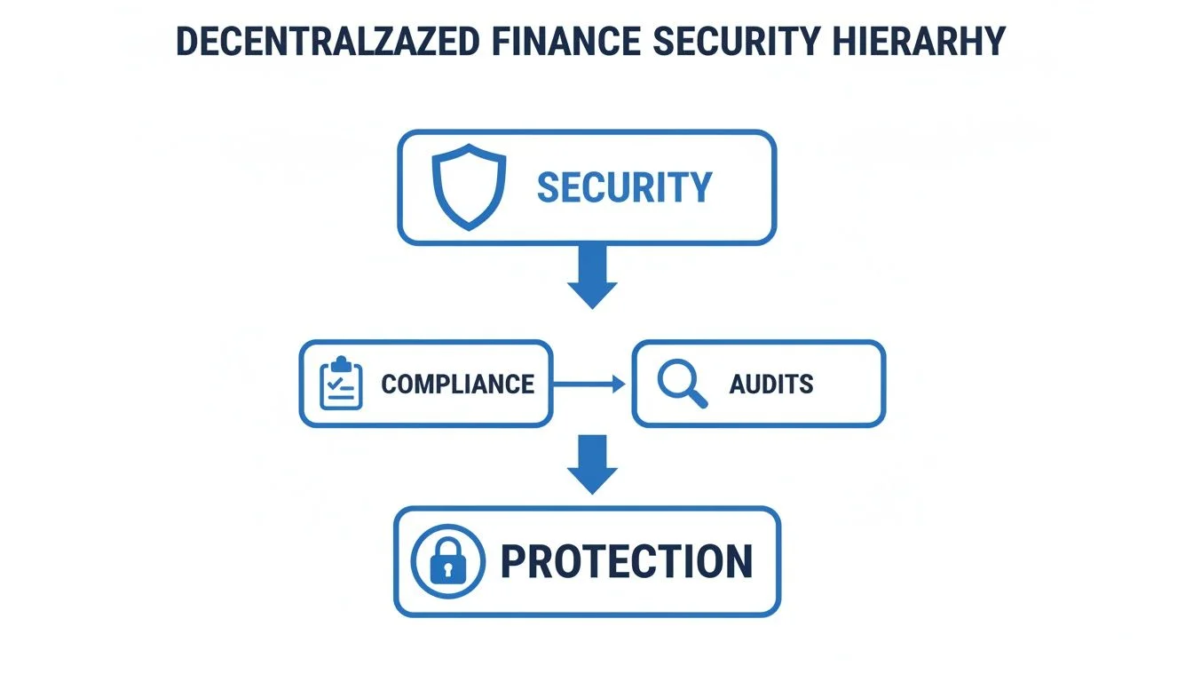 A flowchart illustrates the Decentralized Finance Security Hierarchy, showing security, compliance, audits, and protection.