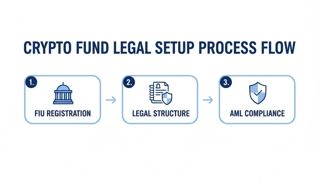 Flowchart illustrating the three-step legal setup process for a crypto fund, including FIU registration, legal structure, and AML compliance.
