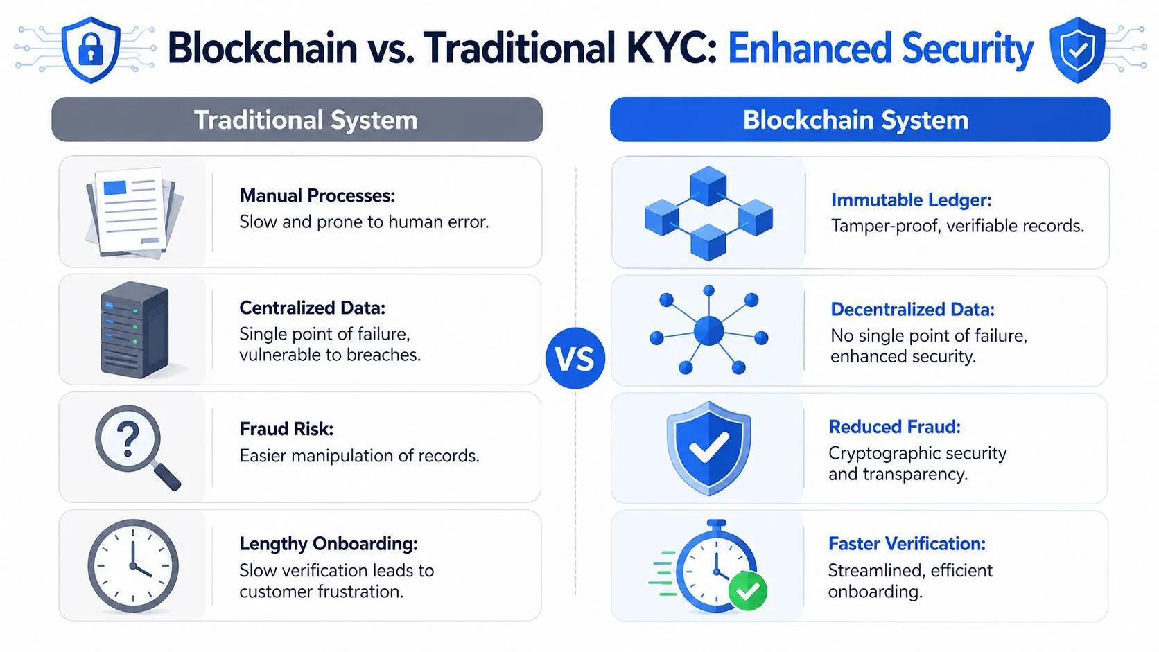 A comparative infographic showing the benefits of blockchain-based KYC verification over traditional manual banking onboarding processes.