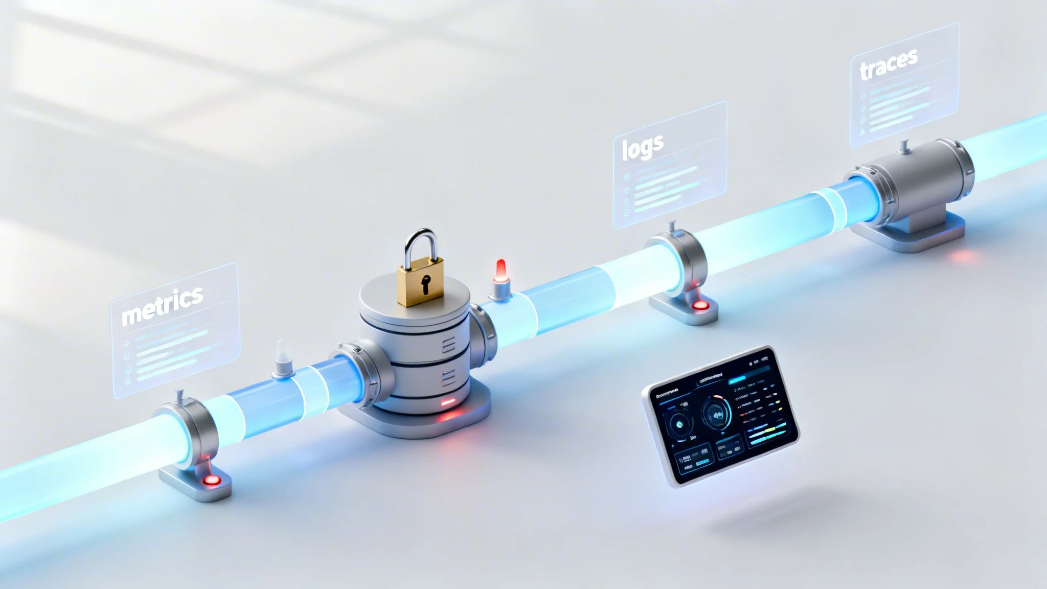 A glowing blue data pipeline with sections for metrics, logs, and traces, including a locked valve and a monitoring dashboard tablet.