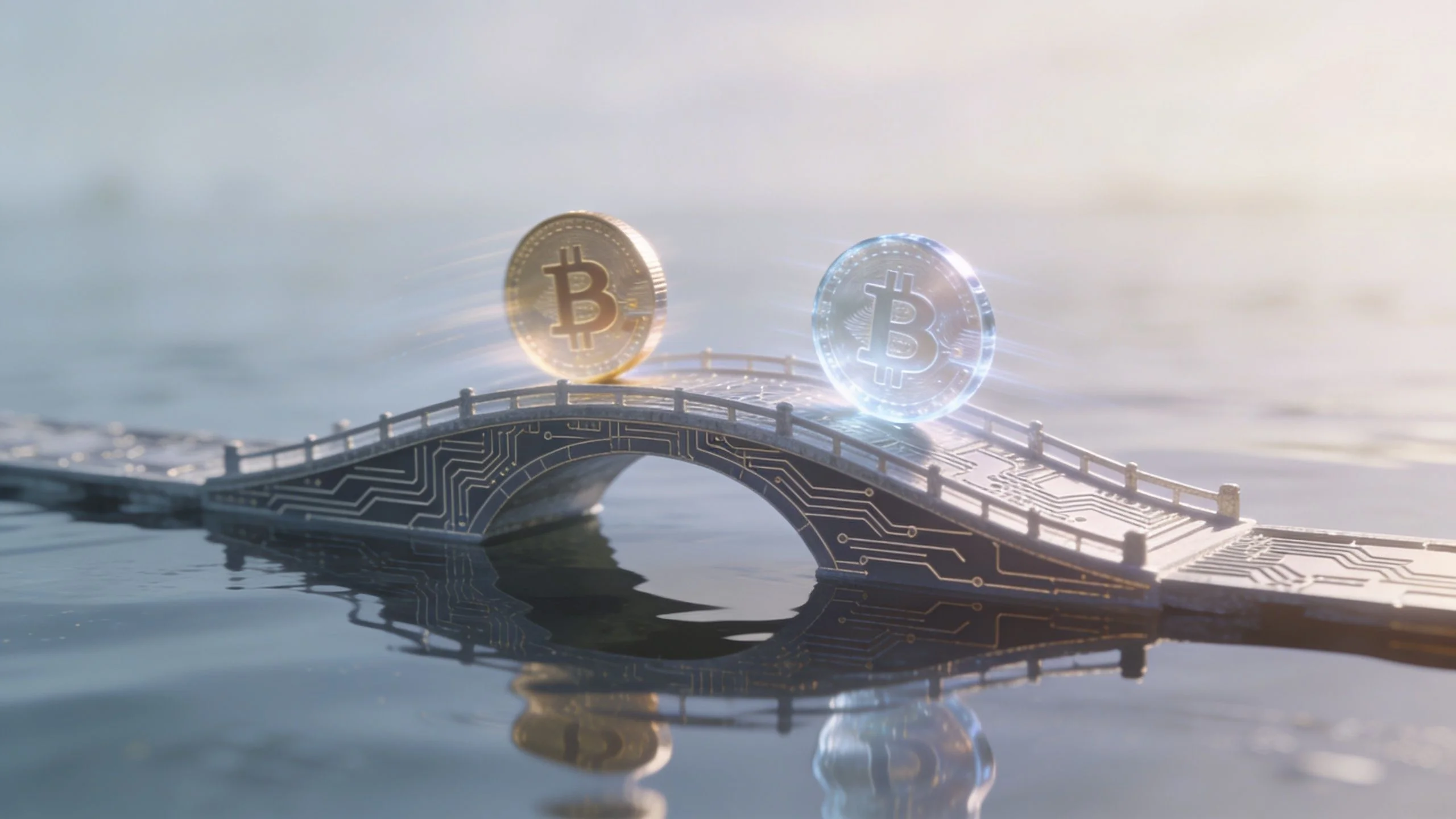 A golden and a glowing blue Bitcoin coin on a circuit board bridge over water.
