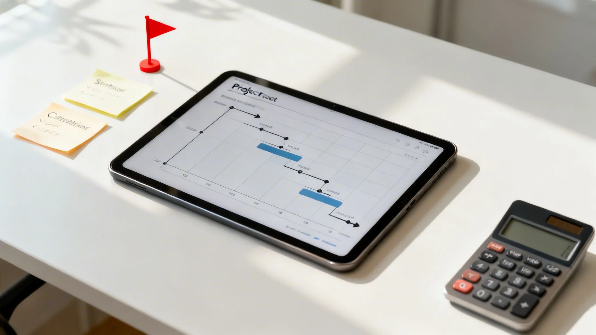 A modern workspace with a tablet displaying a project timeline, sticky notes, and a calculator.