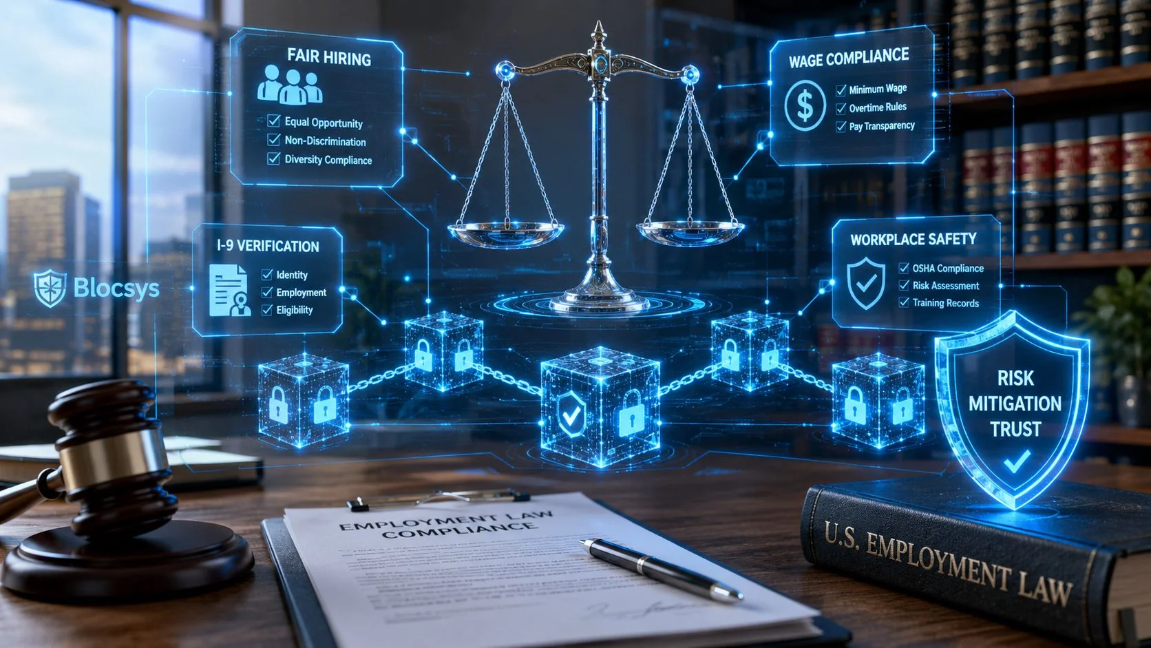A digital graphic visualizing blockchain technology applied to US employment law compliance and risk mitigation systems.