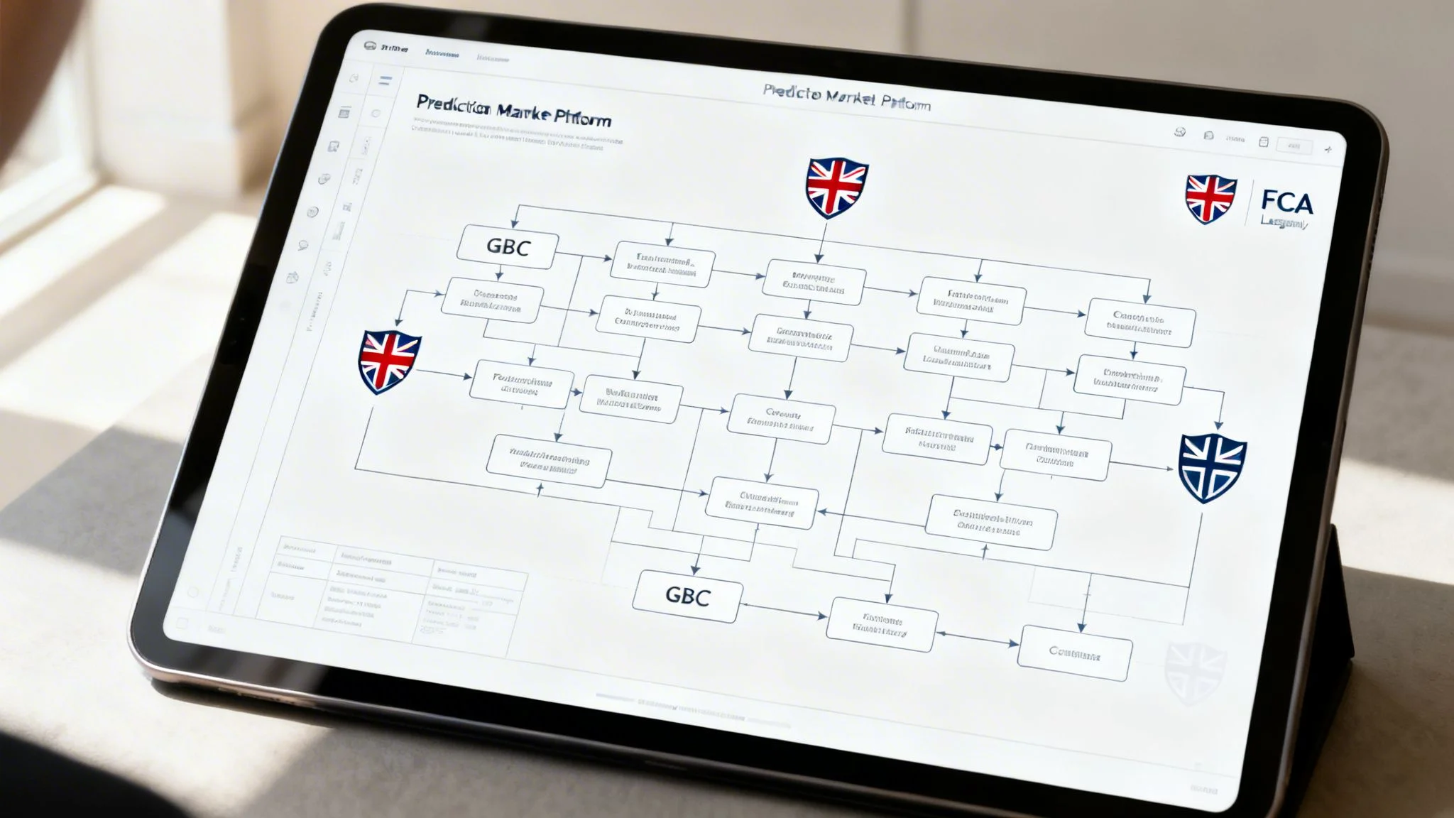 A digital tablet displaying a complex flow chart illustrating a UK-based prediction market platform business model.