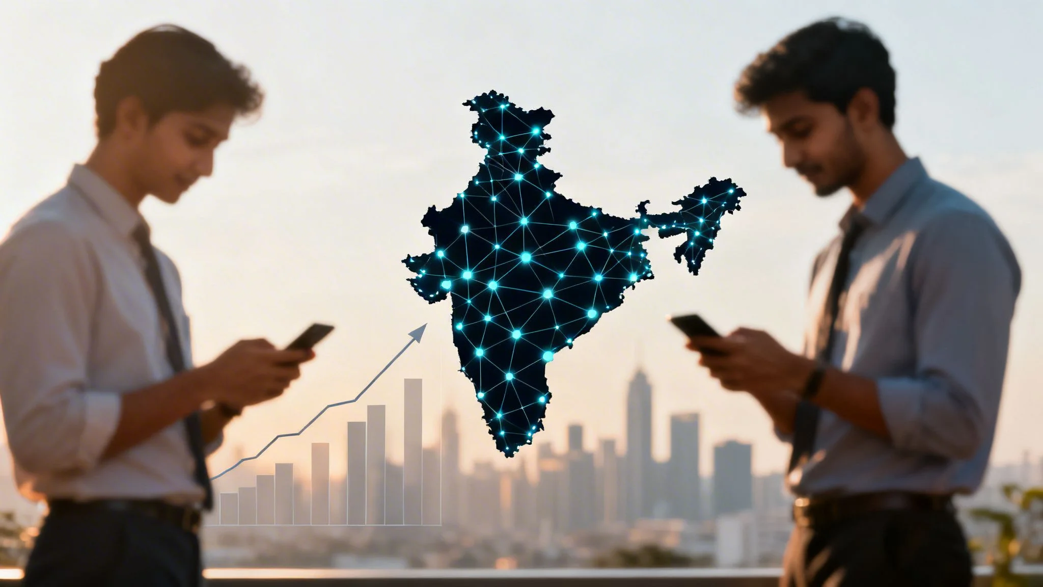 Two young men using smartphones with a glowing digital map of India and an upward growth chart.
