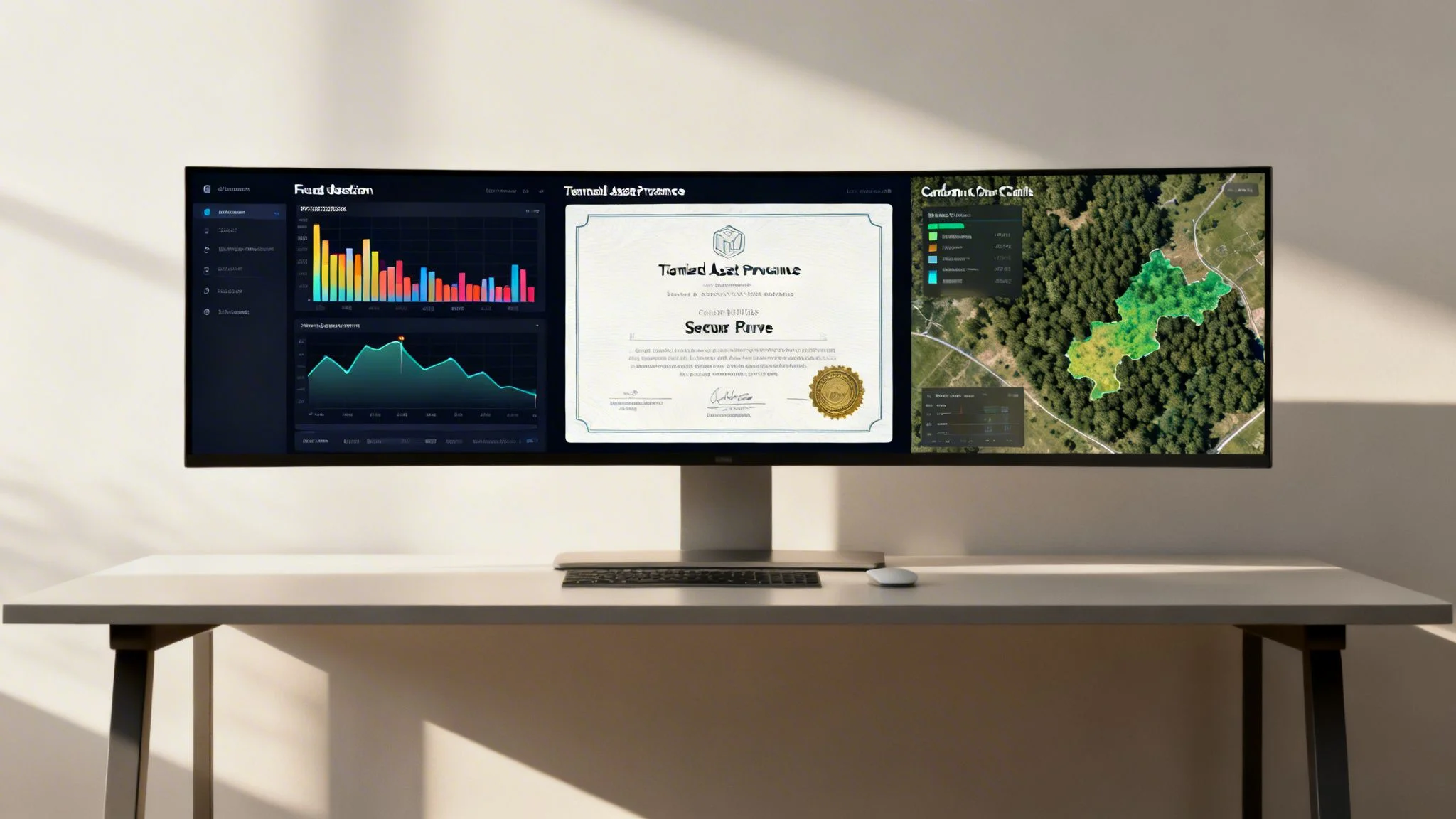 An ultrawide monitor on a desk showing data analytics, a digital asset certificate, and a geographical map.