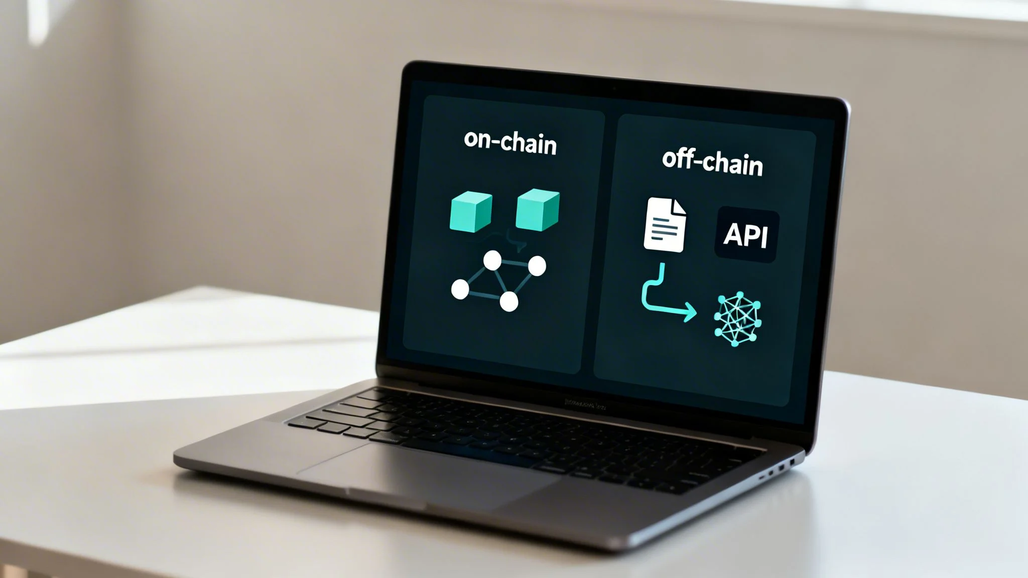 A laptop displays a diagram contrasting on-chain and off-chain data processing concepts.