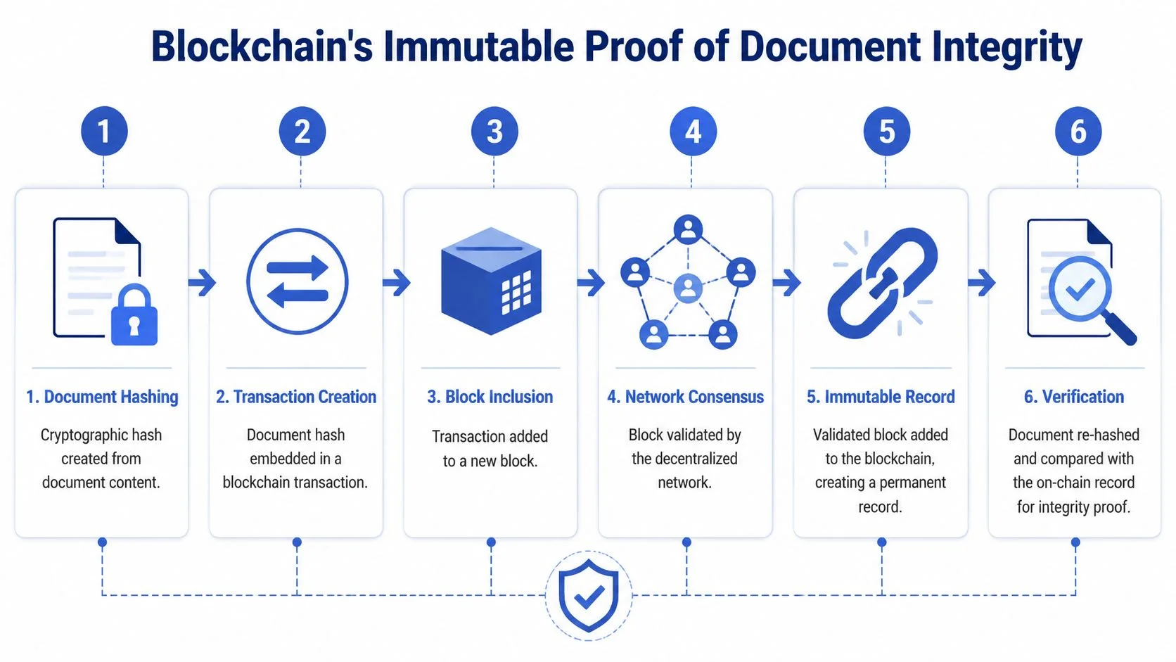 A diagram illustrating the six steps of blockchain technology for ensuring document integrity and permanent verification.
