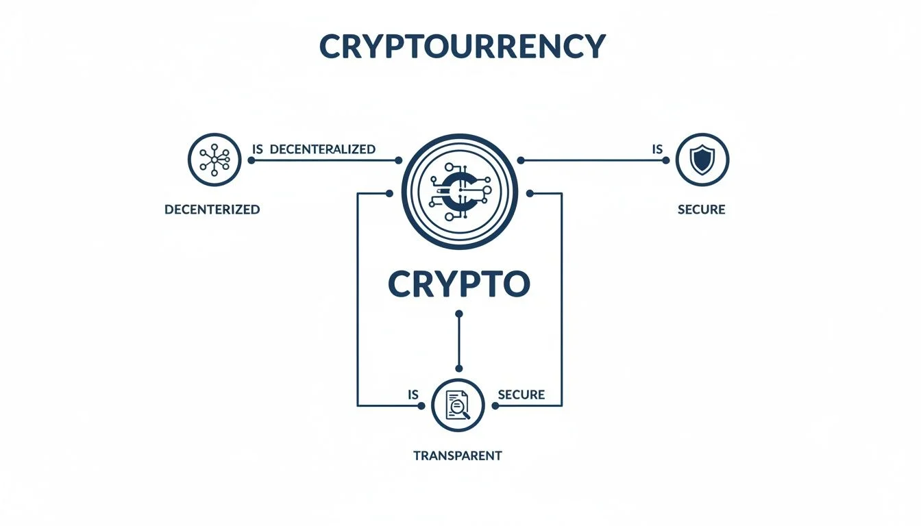 A minimalist diagram illustrating the key characteristics of cryptocurrency as decentralized, secure, and transparent.