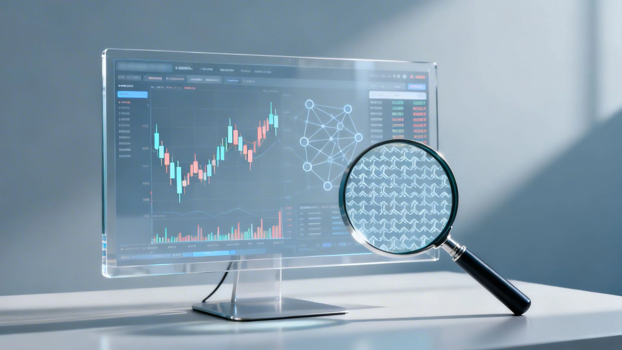 A transparent monitor displays financial charts and a network diagram, with a magnifying glass showing an arrow pattern.