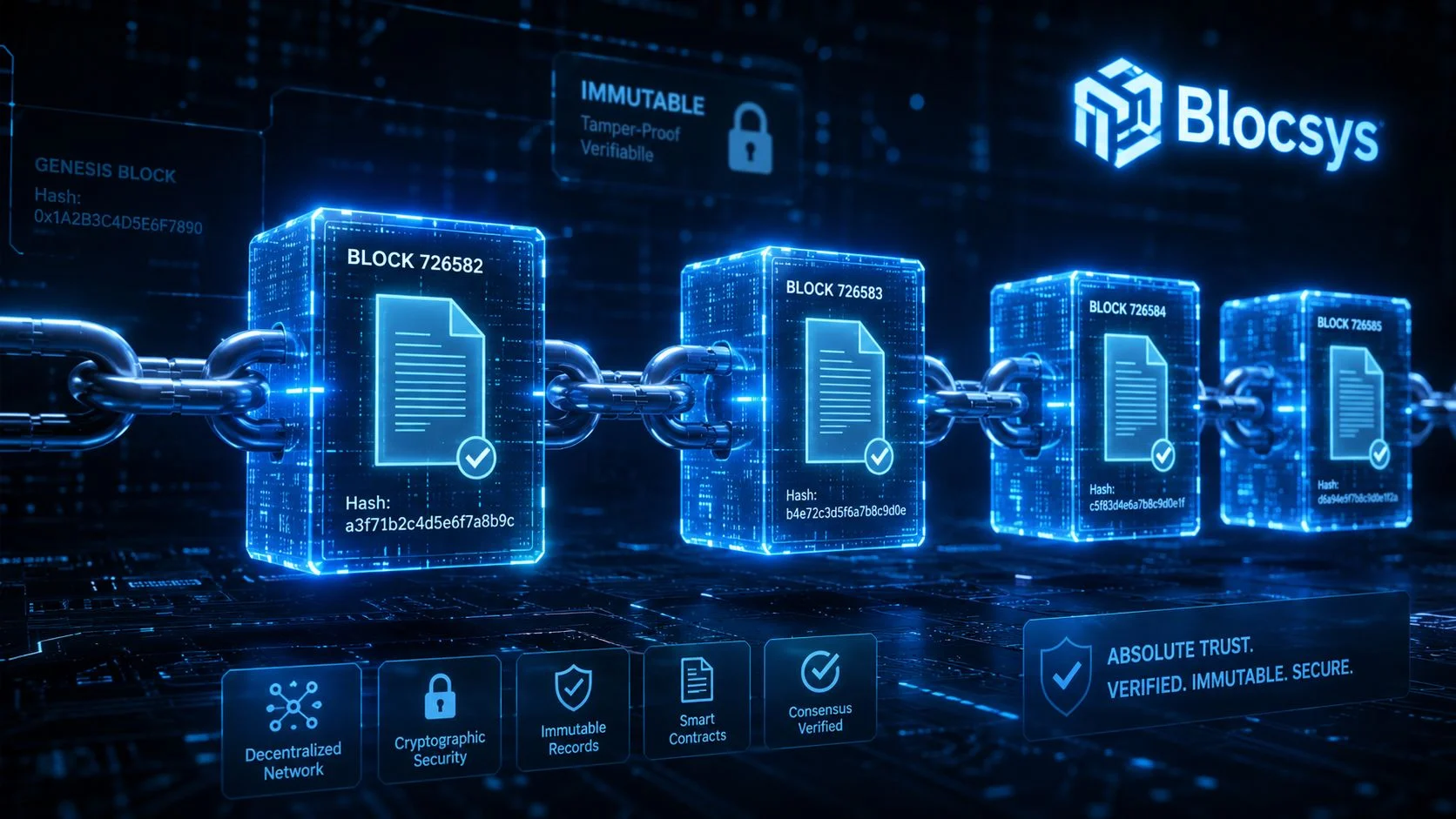 A digital illustration of a blockchain showing interconnected glowing blocks representing immutable and secure data verification systems.