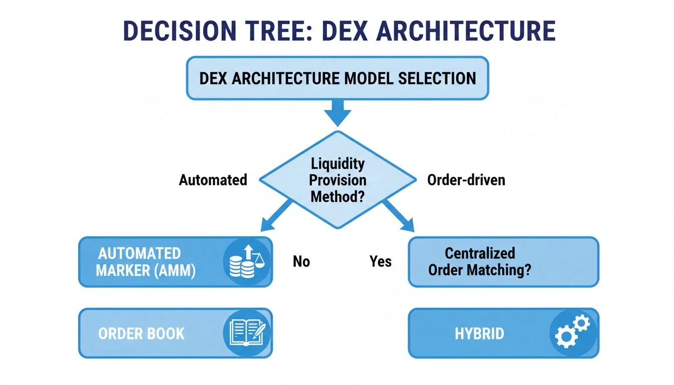 Decision tree showing DEX architecture choices based on liquidity provision and order matching.