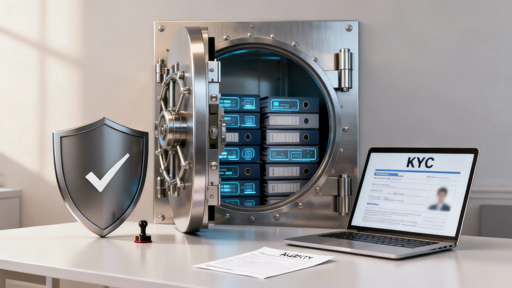 A metallic vault holding glowing digital binders, a security shield, and a laptop with a KYC form.