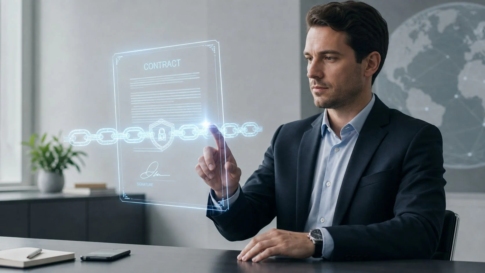 A professional man interacting with a holographic digital document representing blockchain contract verification in an office.