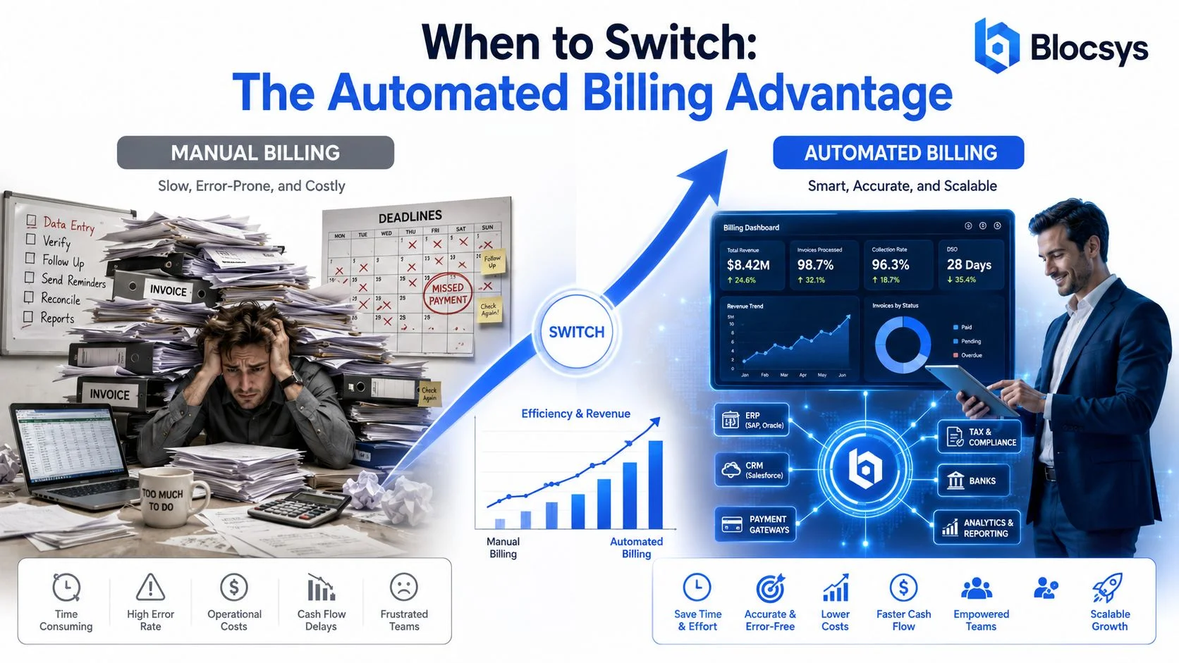 A side-by-side infographic comparing stressful manual billing processes against streamlined, automated billing solutions for businesses.